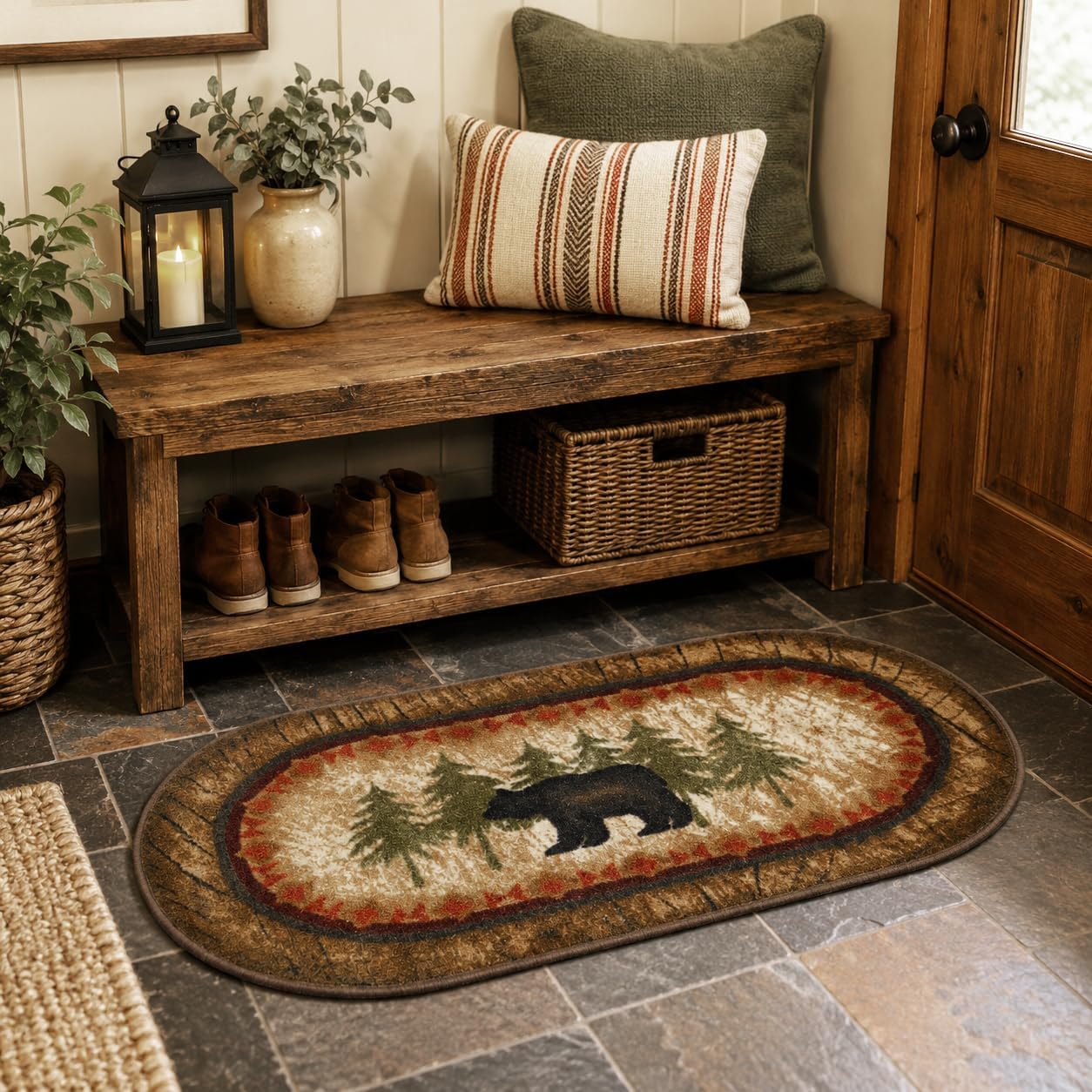 Mayberry Rug Cozy Cabin CC5276 Birch Bear Non Skid 20"x44" Wedge Brown