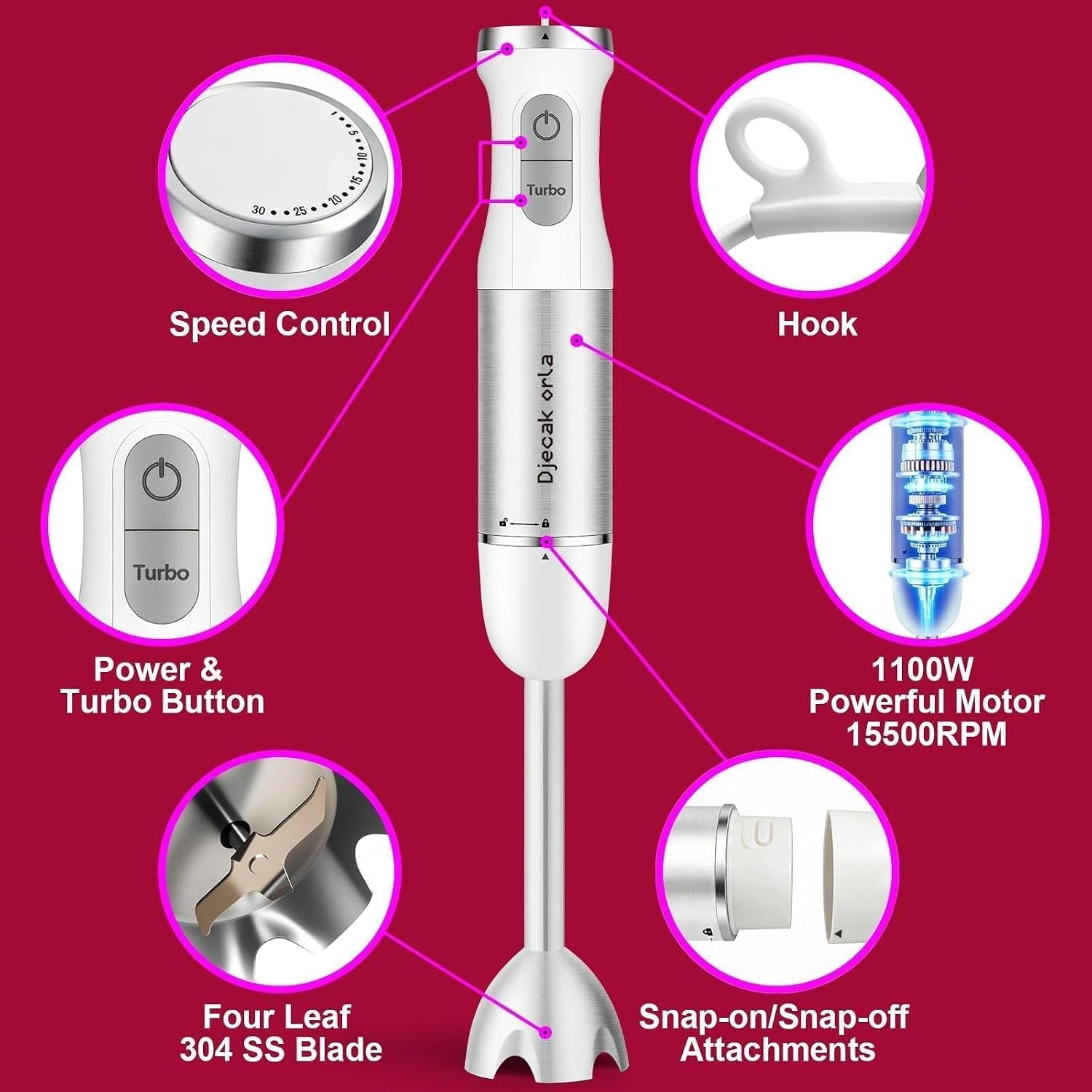 1100W 5-in-1 Immersion Blender Handheld, 30 Speed Stick Blender with Turbo, 15,500 RPM, Includes Whisk, Milk Frother, 500ml Chopper & 600ml Beaker White