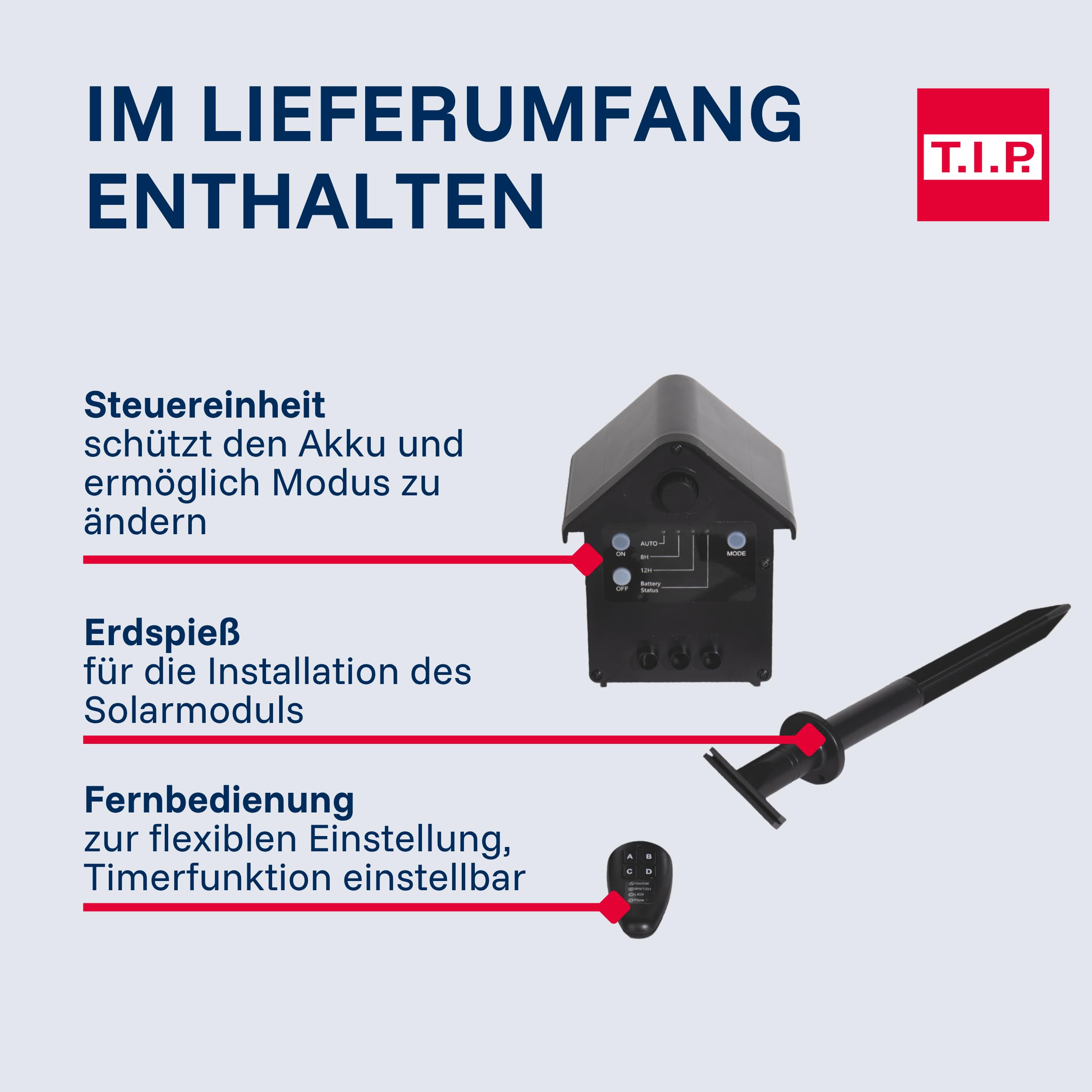 T.I.P. Solarteichpumpe Set mit Akku, Fernbedienung - Wasserspiel, Fontäne für Teich | SPS 300/9 Solar Pumpe fuer Gartenteich mit 4 Fontänen-Düsen, Speicherakku, Timer, Solarpanel & Erdspiess im Komplettset