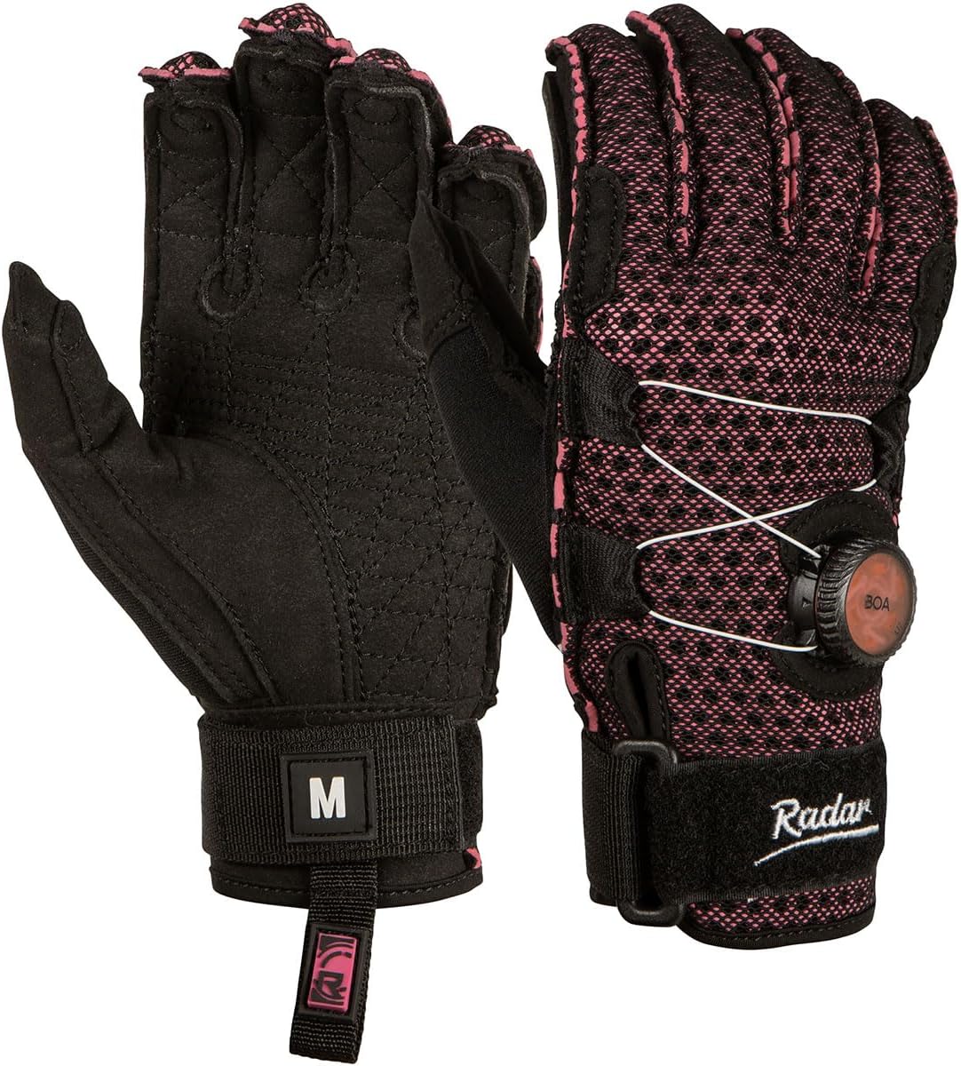 Radar Women's Lyric-A BOA Water Sports Gloves - Amara Grip Palm, AirKnit Mesh, Ariaprene Backing, Pre-Curved Fingers, Precision Fit System, Black/Pink Ariaprene