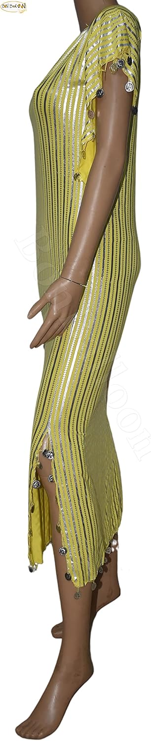 Egyptian Belly Dance Nancy Stretchy Folkloric Dancing Outfit Galabeya Oriental Abaya Dress Dresses Costume Baladi Saidi Fallahi Carnival Sequins Handmade Bellydance Women (Yellow x Silver)