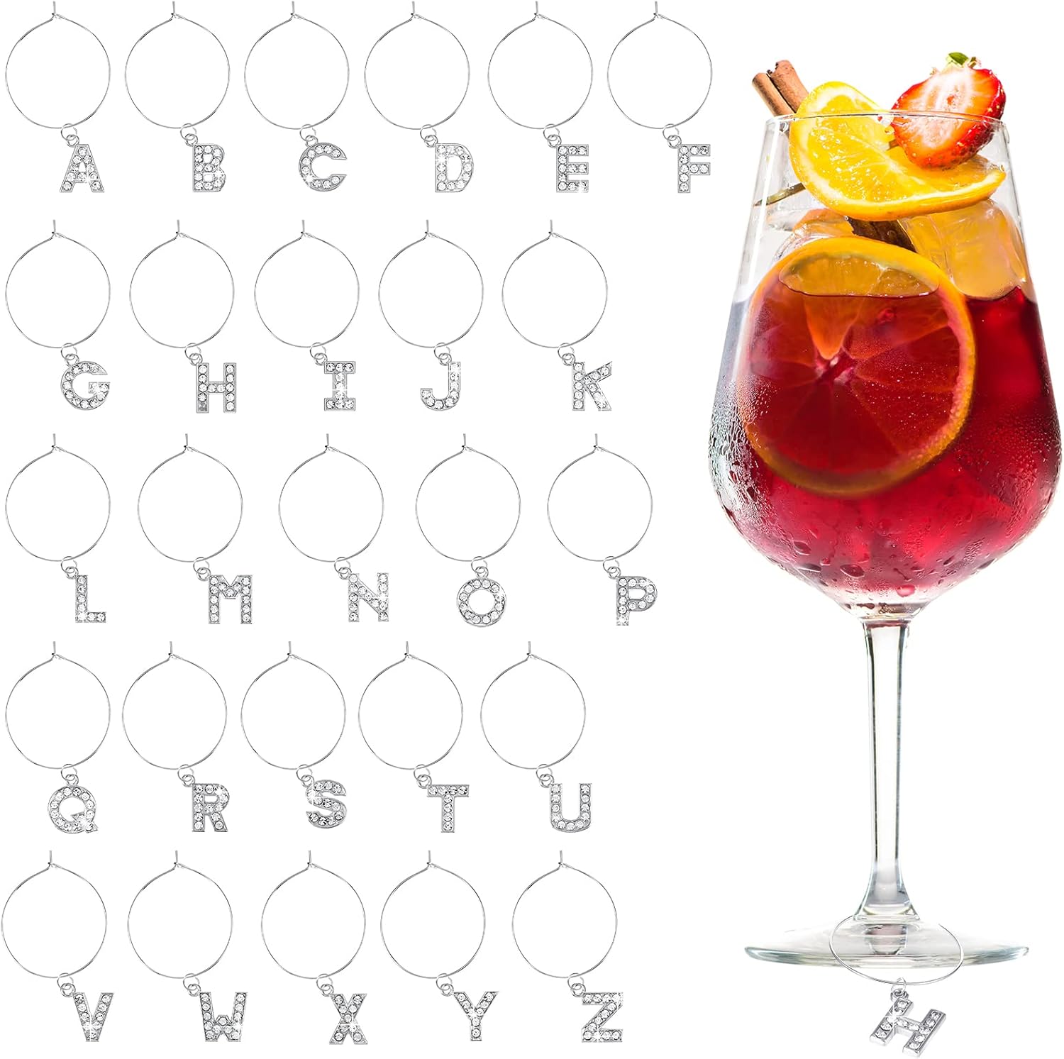 Junkin 26 Pcs Letters Wine Charms for Stem Glasses Wine Glass Charms Markers Tags
