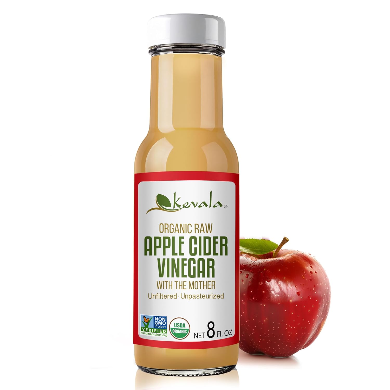 Kevala Organic Raw Apple Cider Vinegar with Mother, Unfiltered Unpasteurized, 8oz Glass Bottle - USDA Organic for Cooking & Wellness