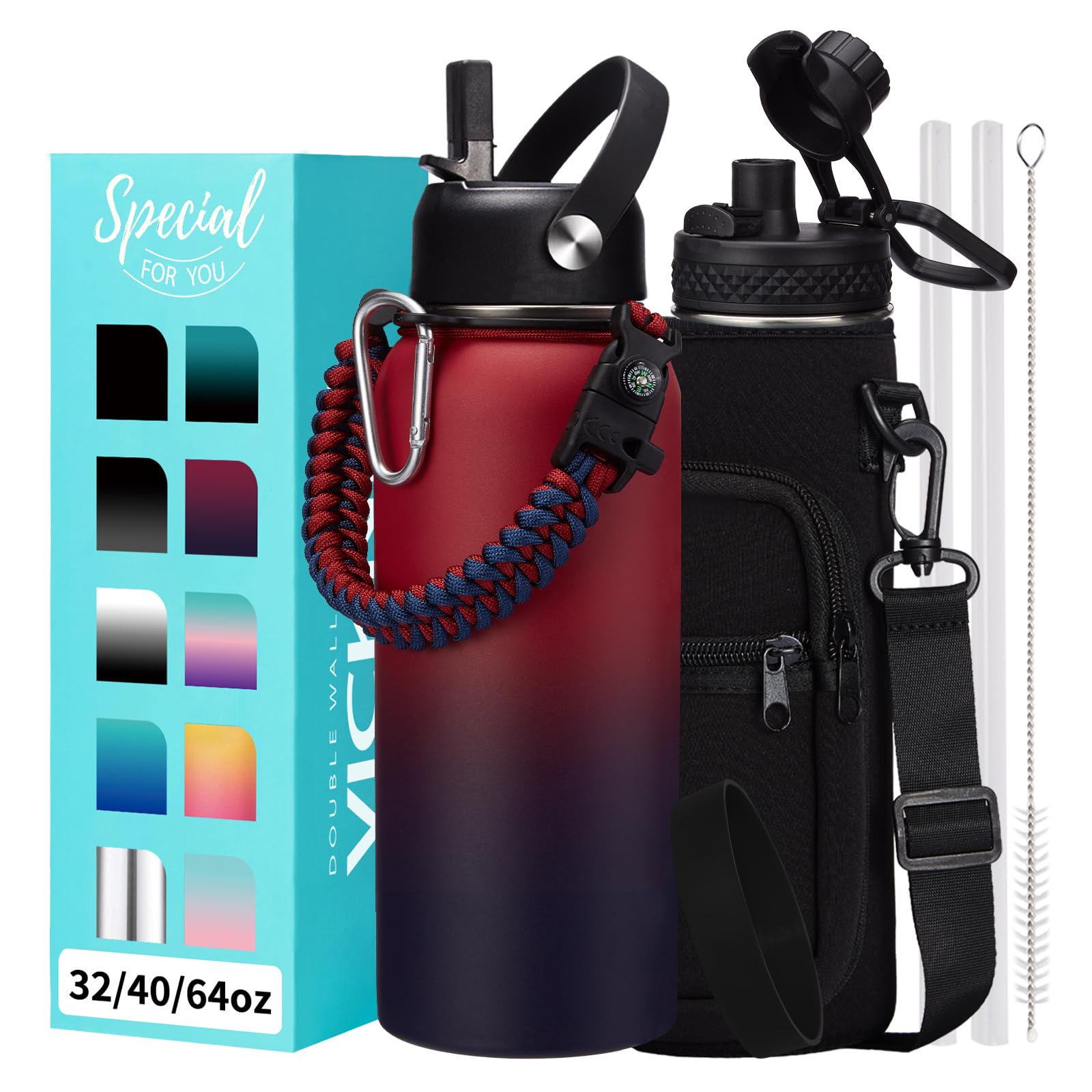 Insulated Water Bottle 32 oz - Straw & Chug Lid, Paracord Handle, Metal Water Bottles Holder with Strap, Water Bottle Boot, Triple Wall Vacuum Flask