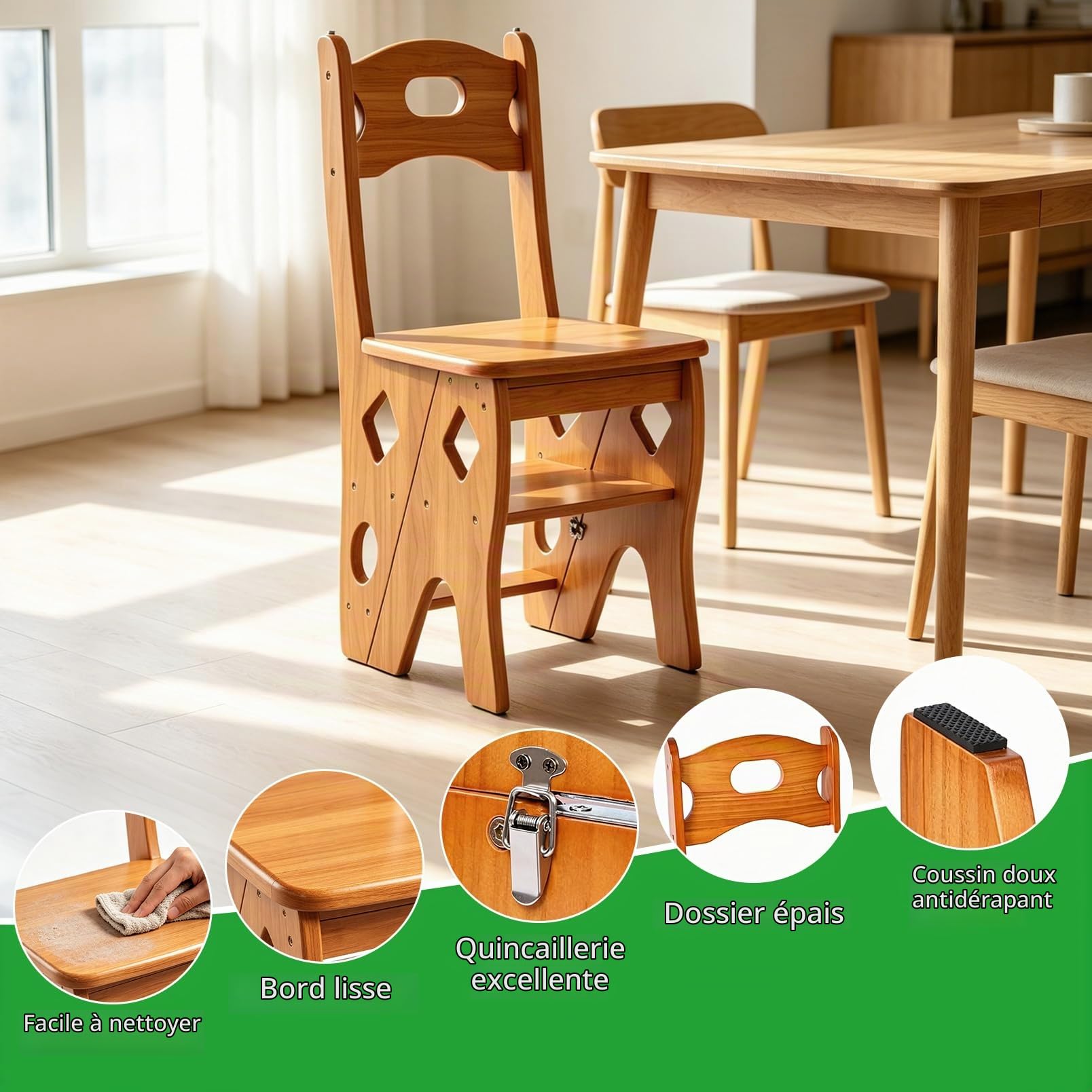 4 Marches Escabeau, 2-en-1 Marchepied et Chaise, Marchepied Domestique | Chaise de Bibliothèque Pliante en Bois Massif (Charge Maximale 180 kg), Escabeau pour Cuisine, Maison et Bibliothèque