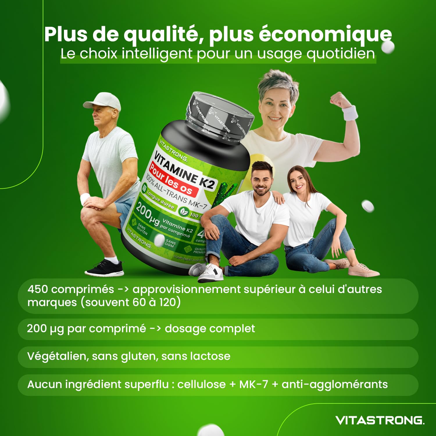 Vitamine K2 MK7 200µg Vitastrong Vegan, 1 Comprimé par Jour (Cure 15 Mois) 450 Comprimés, MK-7 All-Trans Haute Biodisponibilité, Vitamine K2 (Ménachinone), Sans Gluten, Lactose ni OGM, Qualité Premium