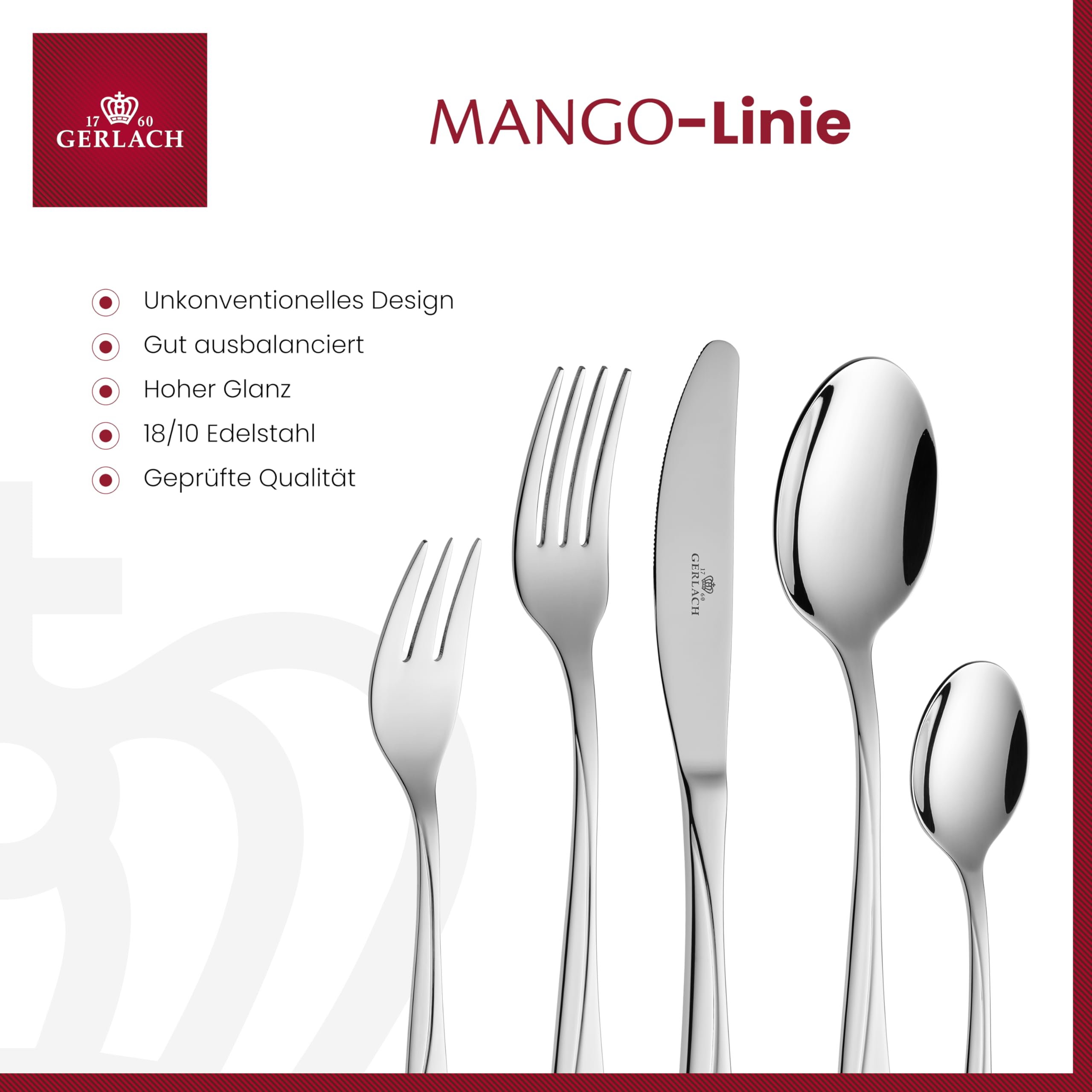 Gerlach 1760 Besteck Set Edelstahl 6 Personen 30 Teilig Besteckset Spülmaschinengeeignet Rostfrei Messer Gabel Löffel Glänzend Essbesteck Mango, Silber