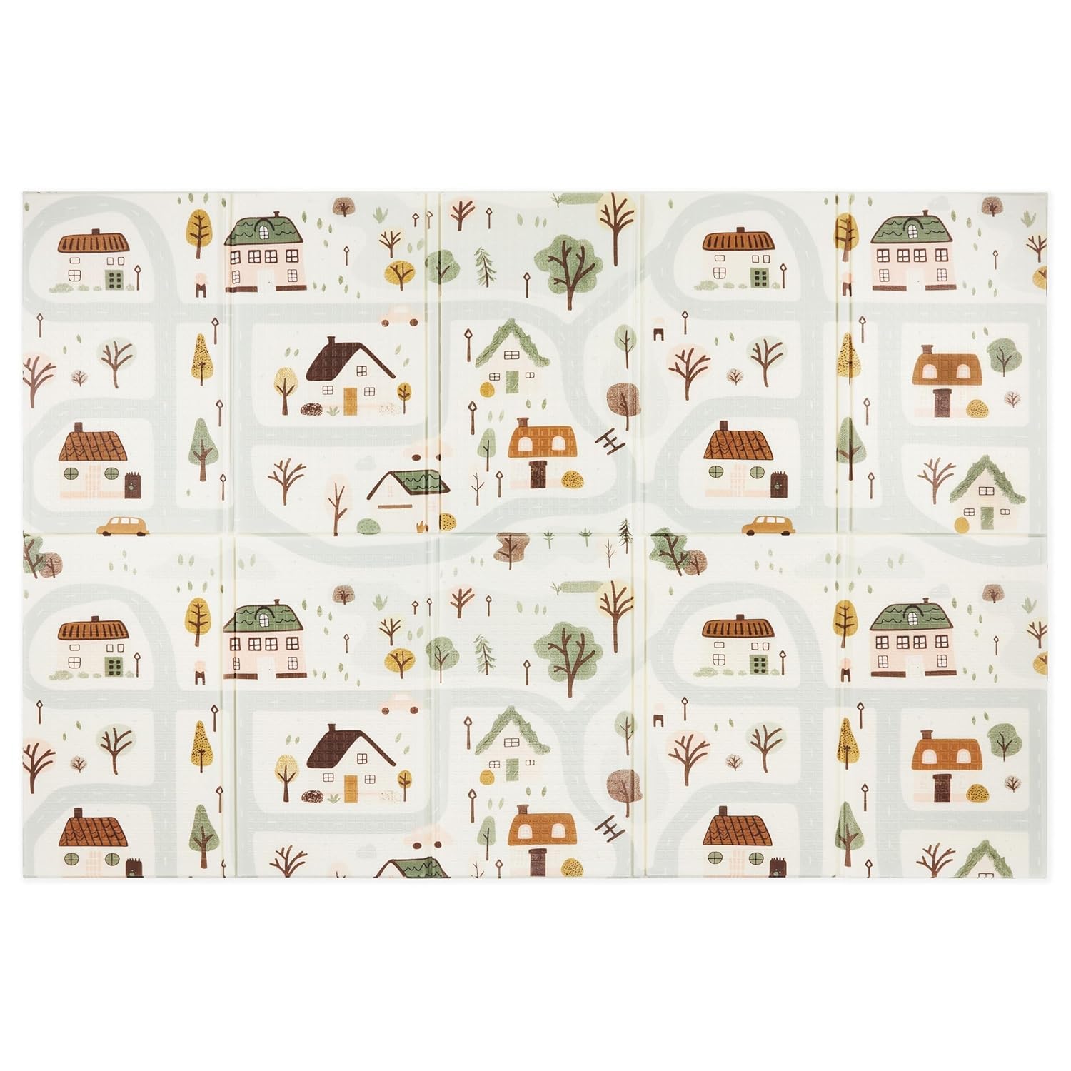Mamabrum Mata dla Dzieci, Dwustronna Mata Piankowa, Składana 180 x 120 x 1 cm, Mata Podłogowa do Nauki Raczkowania, Mata do Zabawy dla Niemowląt - Urocze Miasteczko/Piaskowy Beż