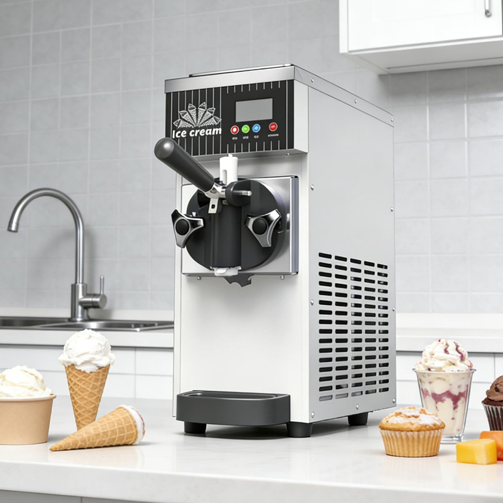 XUXIAO Commercial Soft Serve Ice Cream Maker, Single Flavor Ice Cream Machine, Countertop Dessert Maker, with Pre-Cooling,Auto Clean, for Restaurants and Shops​ White