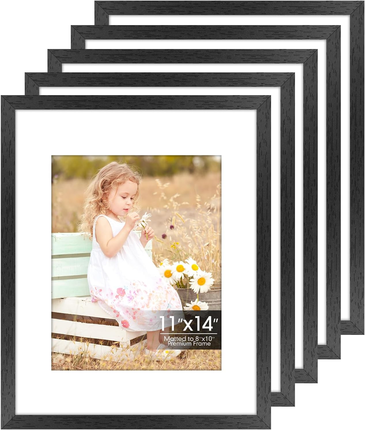 11x14 Picture Frame Set of 6 with Shatter-Resistant HD Plexiglass - Use as 8x10 Frame with Mat or Display 11x14 Photo Without Mat - Thin Border Picture Frames for Tabletop Display Black