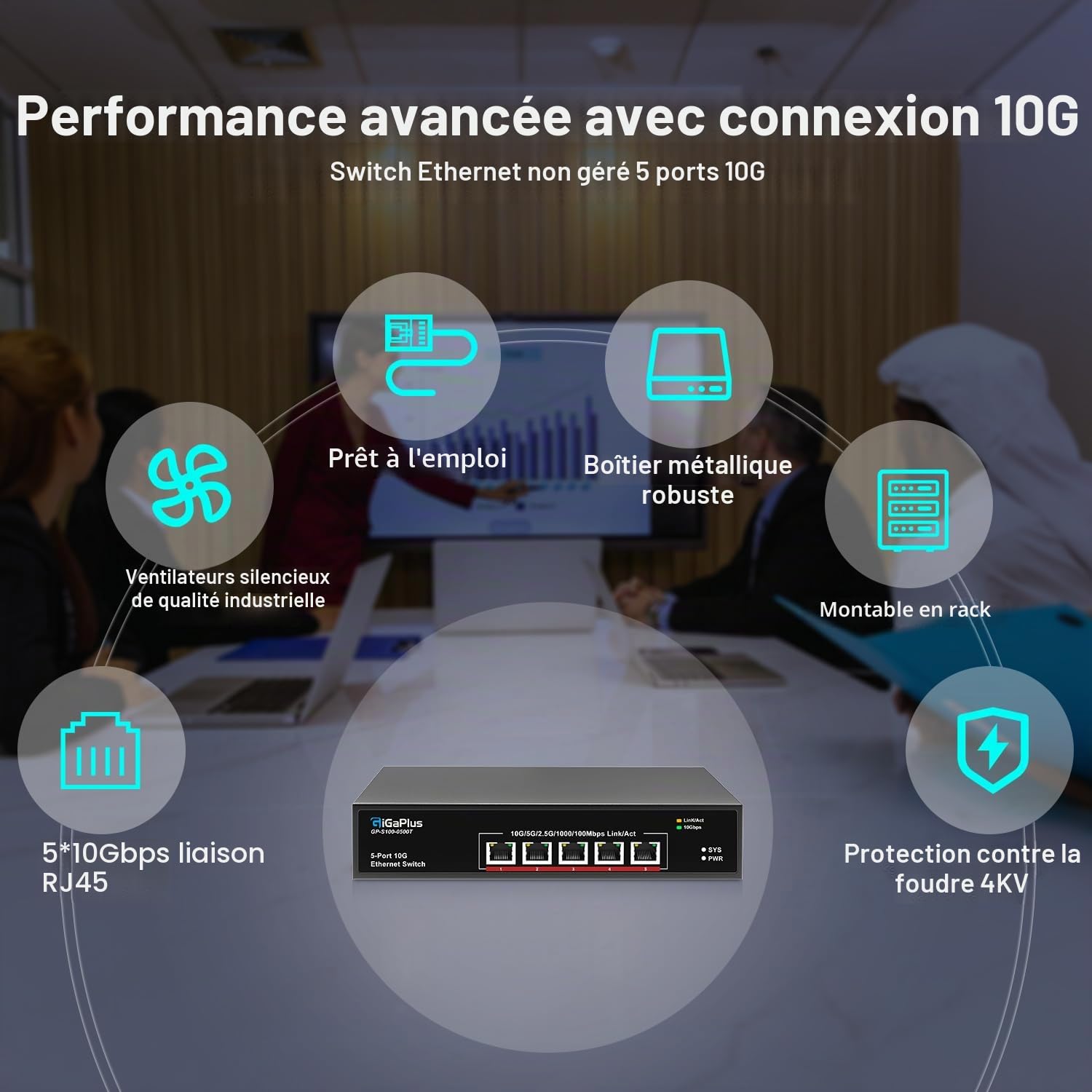 5-Port 10Gb Ethernet Switch Unmanaged with 5x10G RJ45 Ports, GiGaPlus 10Gbe Network Switch Easy for 10G NAS, PC, WiFi7 Routers, 10G NIC/Adapters. 100Gbps Switching Capacity. Desktop/19-inch Rack