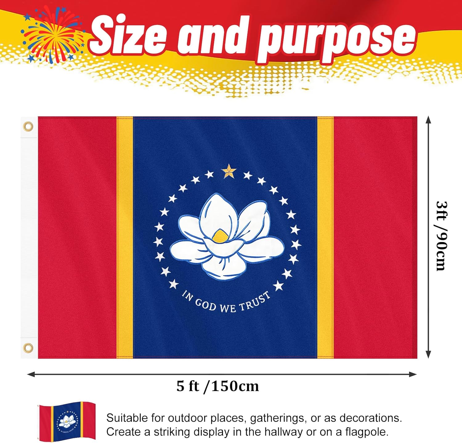 Mississippi Flag 3x5 FT Outdoor, Double Sided Heavy Duty 210D Polyester Fabric, Embroidered Magnolia & Stars and 4 Rows Stitching Fly Ends with 2 Brass Grommets | State of Mississippi MS Flag for Indoor - Image 2