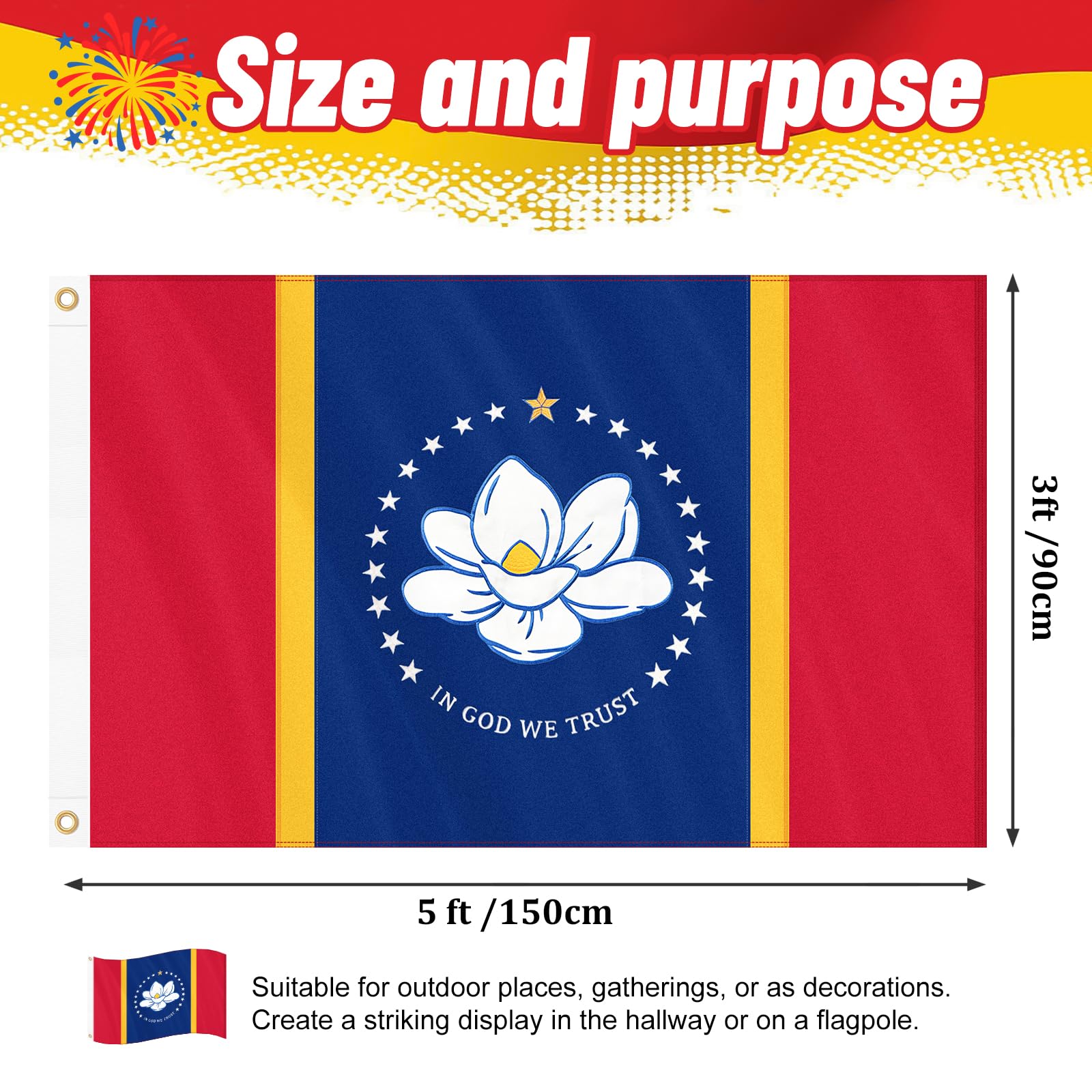 Bandiera Mississippi 3x5 piedi per esterni in tessuto Oxford 210D resistente double face, magnolia ricamata e stelle e estremità a 4 righe con 2 occhielli in ottone | Bandiera MS dello stato