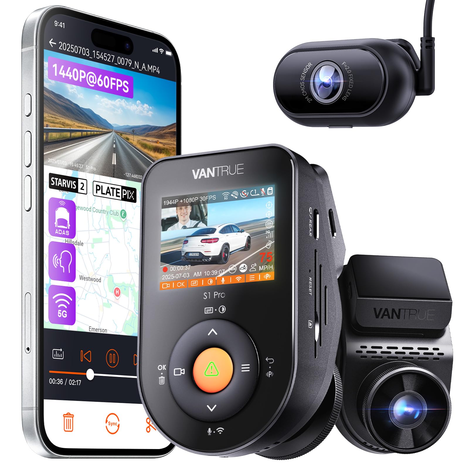 VANTRUE S1 Pro DMS 2,7k Dashcam Vorne Innen 1944P+1080P, Auto Kamera 60FPS STARVIS 2 Nachtsicht, 5GHz WLAN GPS, ADAS und DMS AI Systeme, 24H Parküberwachung, G-Sensor, Loop-Aufnahme, DSGVO konform