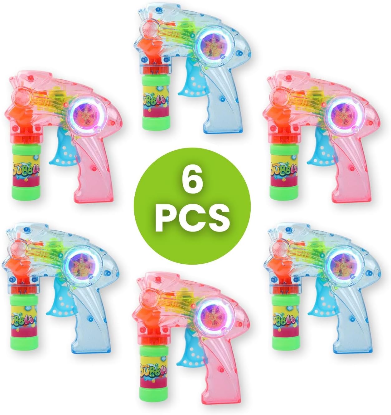 6 PCS Wind Up Bubble Guns for Kids, Light Up LED Bubble Shooters, Bubble Blowers with Bottle Solutions Included - Bulk Indoor Outdoor Toys Party Favors Gifts - No Batteries Required