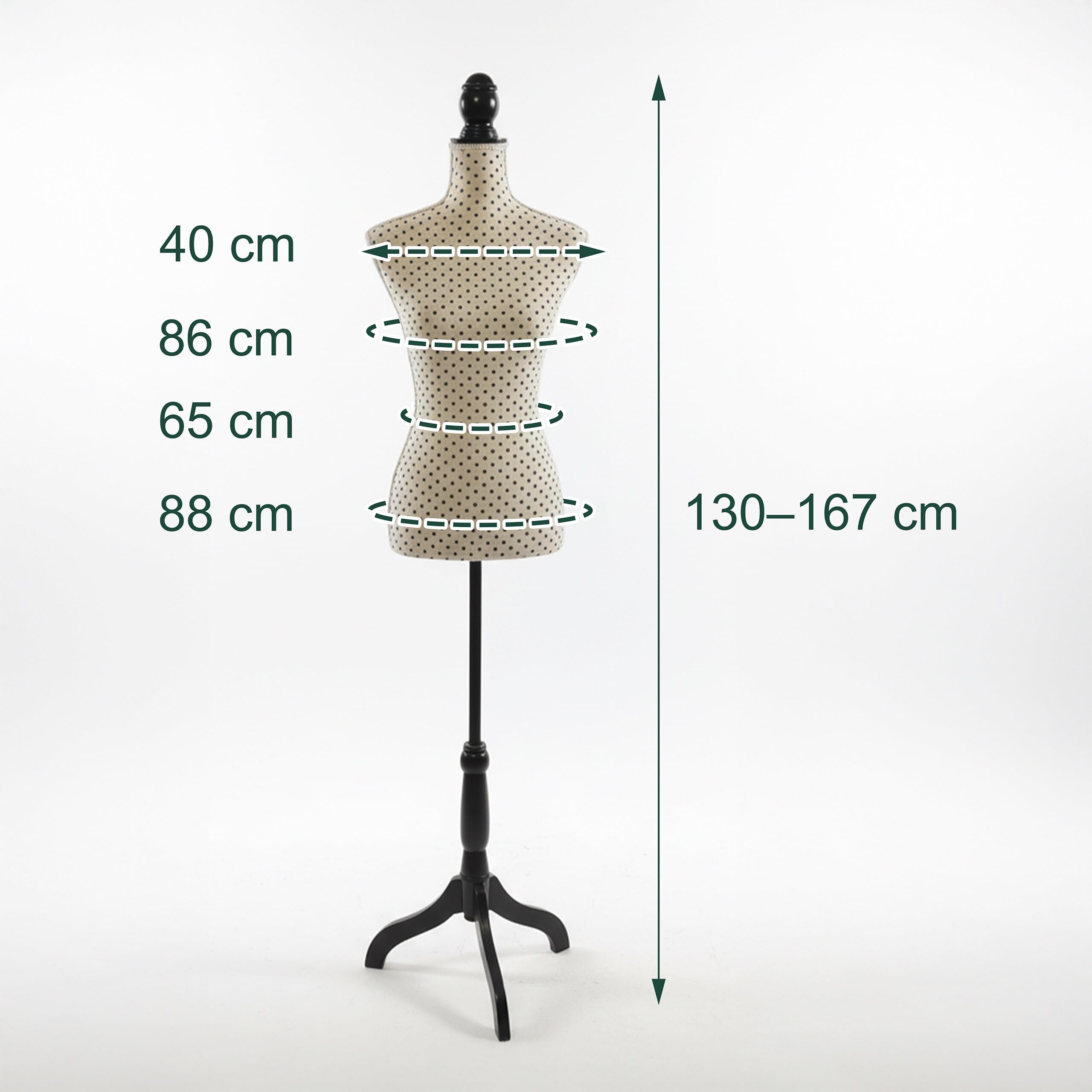 Relaxdays Manichino da sarta, Donna, Taglia 36/38, Regolabile 130–167 cm, a Pois, Base in Legno