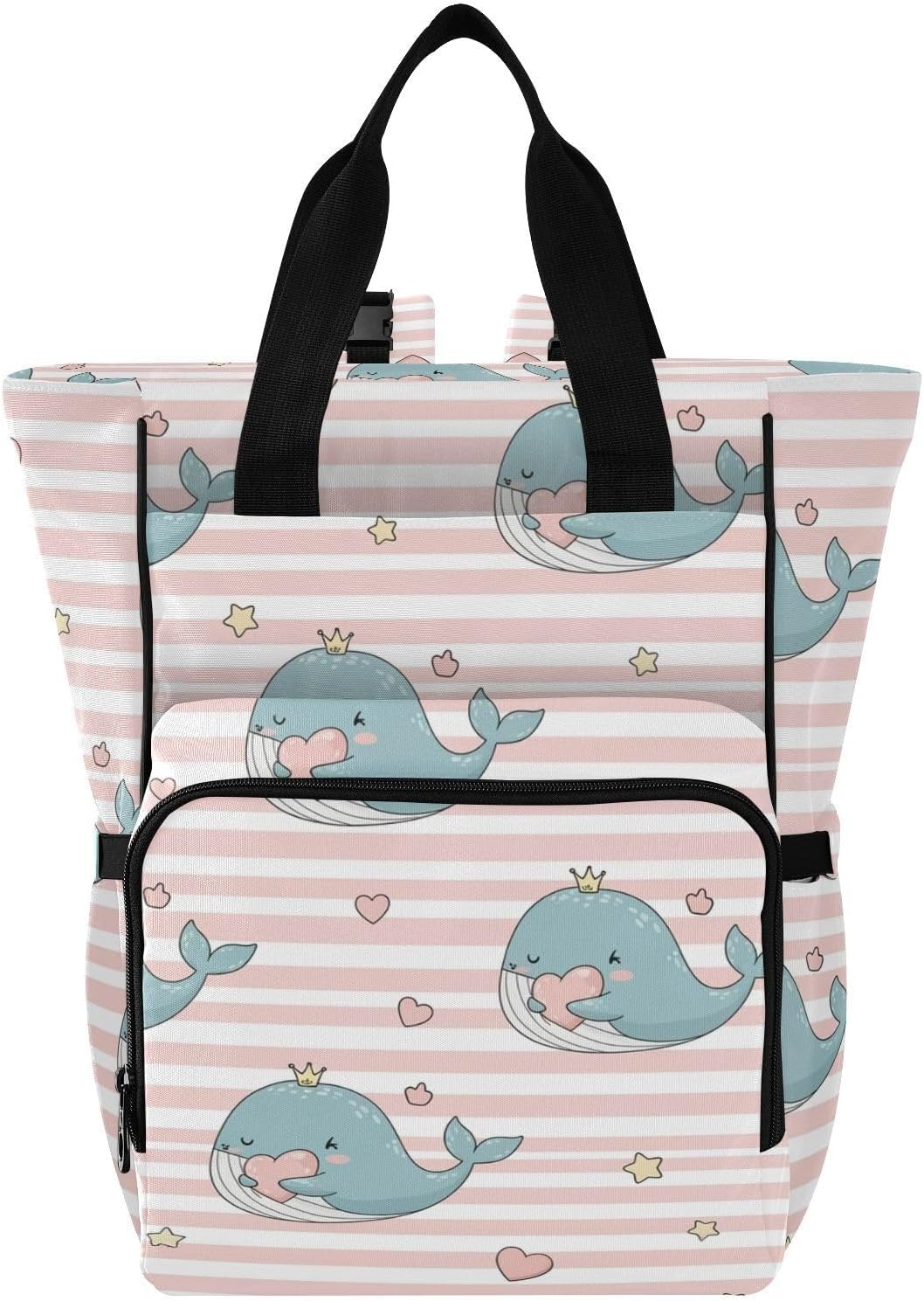 SPRIPORT Cartoon Whale Pink Stripe Print Diaper Bag Backpack for Baby Boys Girls Multifunction Baby Essentials Travel Tote with Stroller Straps & Bottle Storage Nappy Changing Bag for Dads Moms Baby