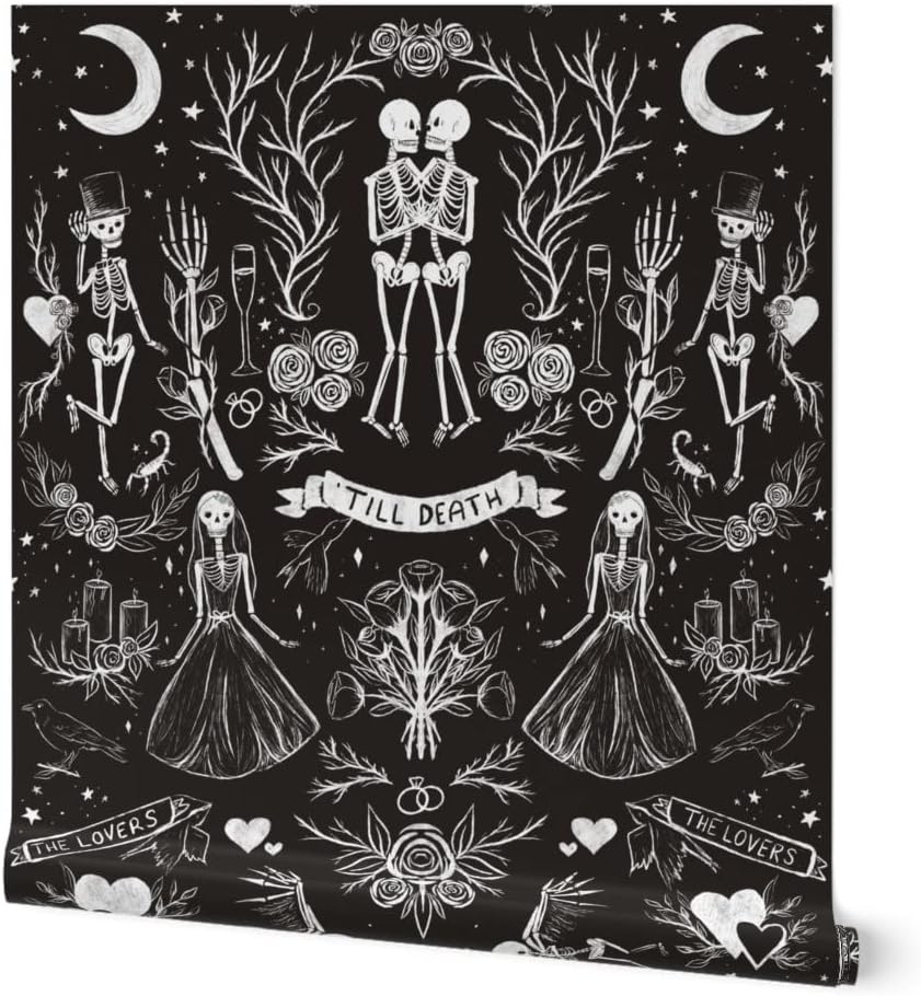Spoonflower Peel & Stick Wallpaper 3ft x 2ft - Death Gothic Halloween Black White Skeletons Wedding Lovers Groom Dark Custom Removable Wallpaper