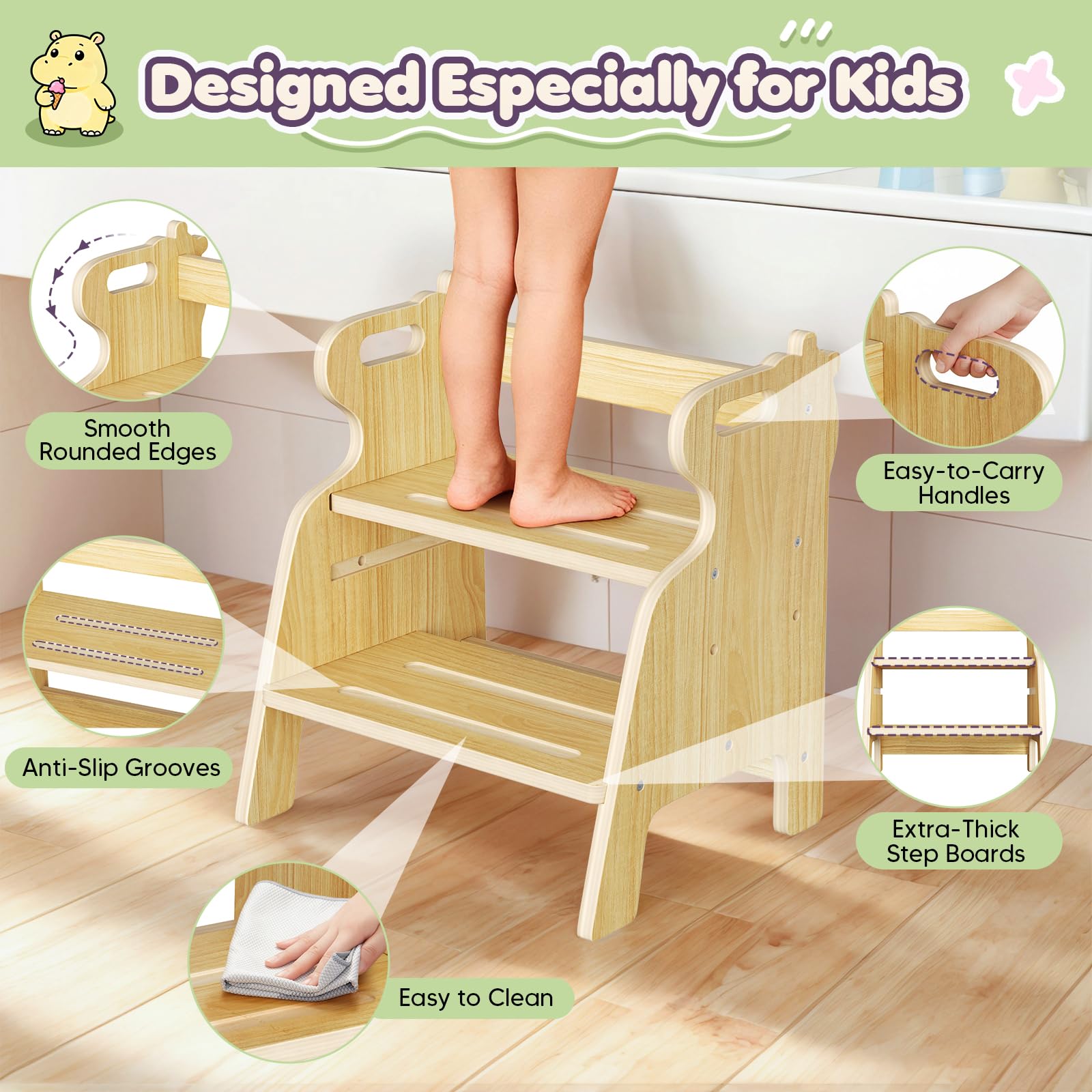 Tabouret pour Enfants à Deux Marches réglable en Bois avec Patins antidérapants