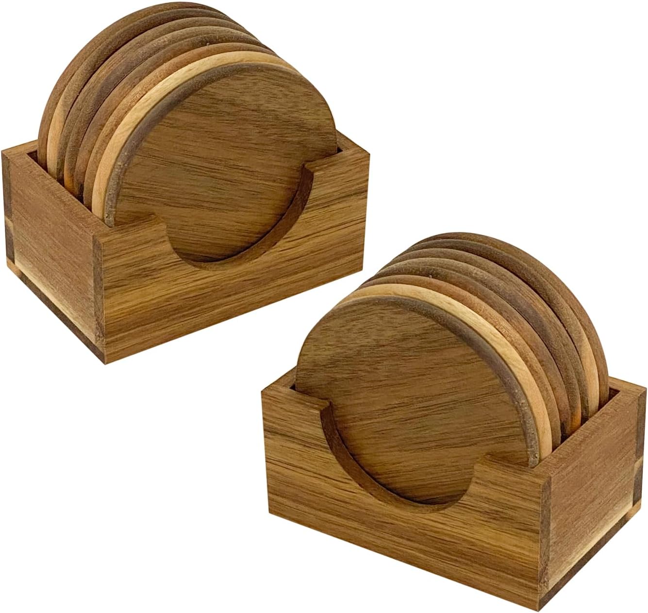 Acacia Wood Drink Coasters with Holder, Two Sets of 8 Pieces Coasters 3.72 Inch Round Wood Coasters for Cup,Dad Gifts,Tabletop Protection