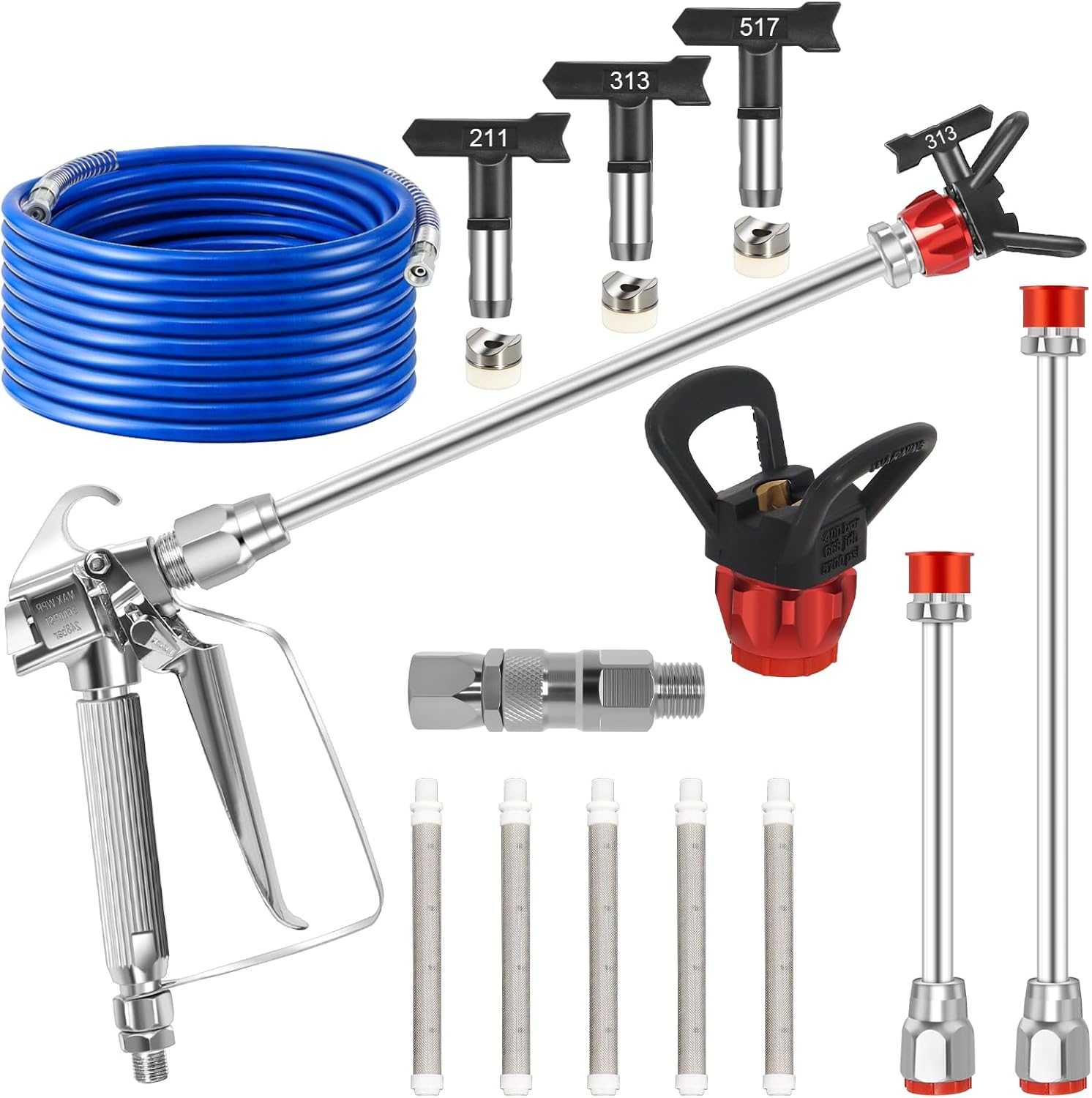 Airless Paint Sprayer Gun Kit 14 PCS, 3600 PSI High Pressure with 6 Reversible Tips (211/313/415/515/517/623), Filters & Nozzle Seat, Compatible with Most Airless Sprayers for Fences & Furniture