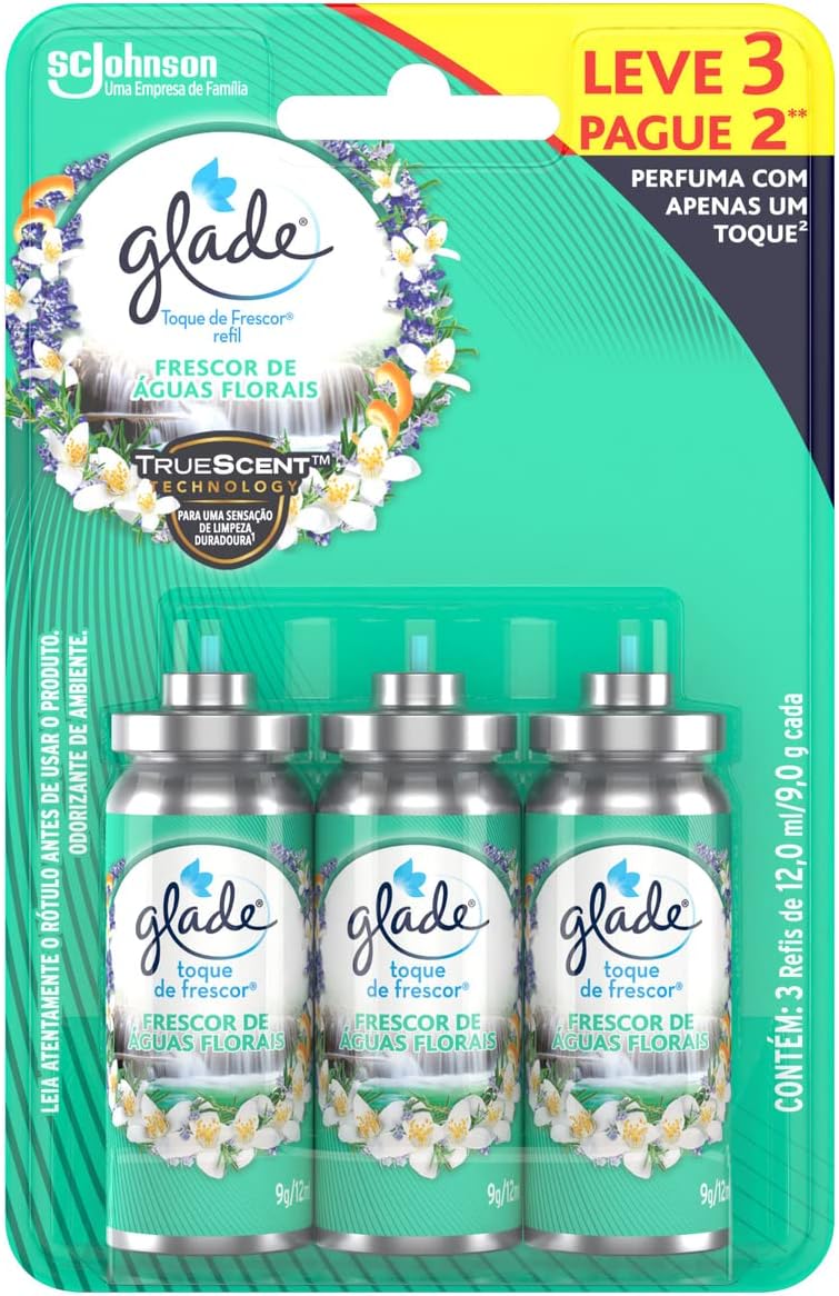 Glade Aromatizador de Ambiente Spray Refil, Odorizador de Ambiente Frescor de Águas Florais, Leve 3 Pague 2, 12ml cada