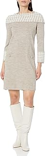 Jessica Howard Womens Plus Houndstooth Print Sweater Shift Mini Dress with ¾ Sleeves