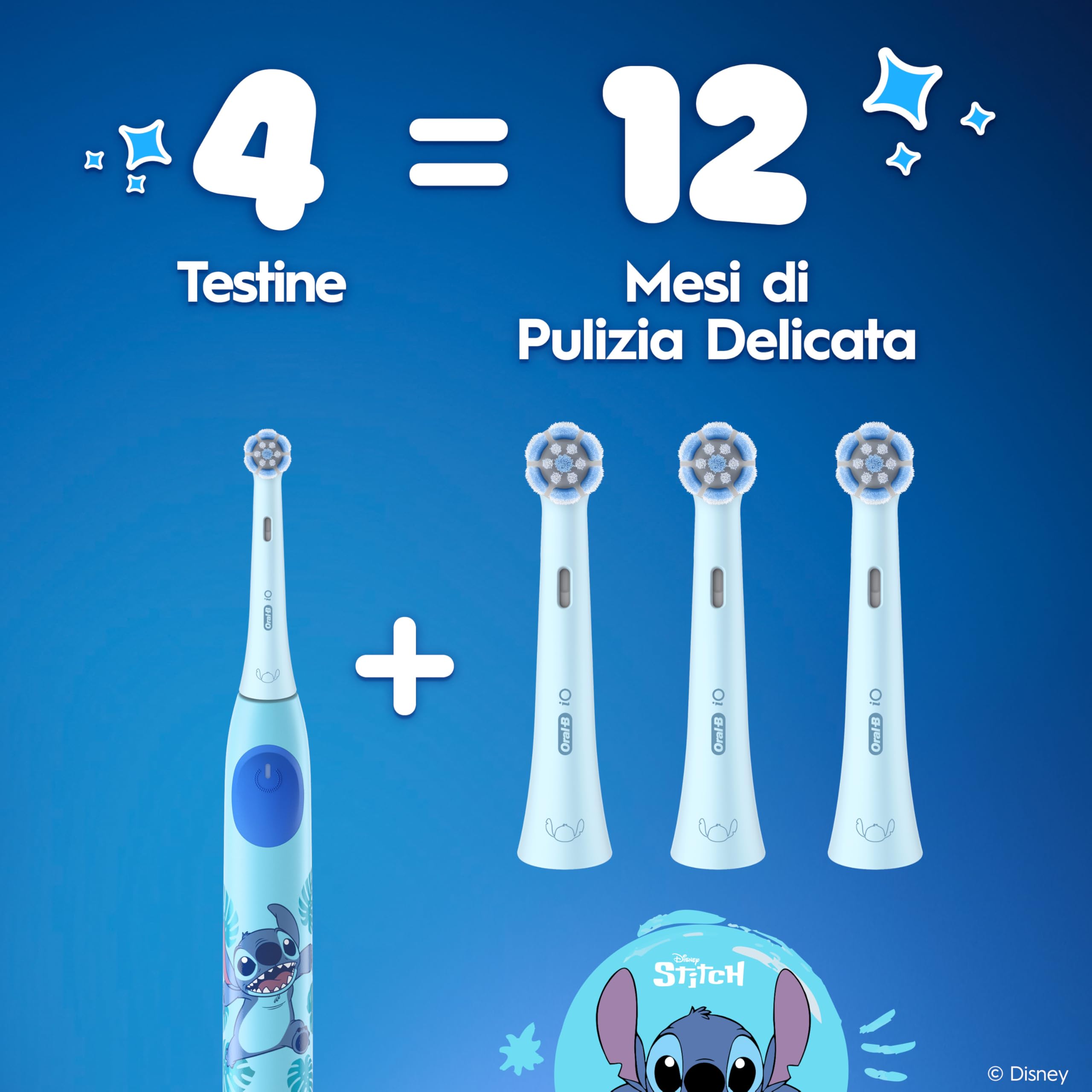 Oral-B Testine di Ricambio iO Kids 6+, Azzurre, 8 Ricambi - 8 Testine di Ricambio per Spazzolino Elettrico iO 6+, Disney Stitch, per i Bambini dai 6 Anni in su, Delicato su Denti da Latte e Gengive