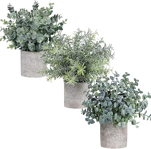 Miniatura 7 de Winlyn Juego de 3 mini plantas artificiales de eucalipto en maceta, plantas de romero verde falso de plástico para decoración del hogar, oficina,