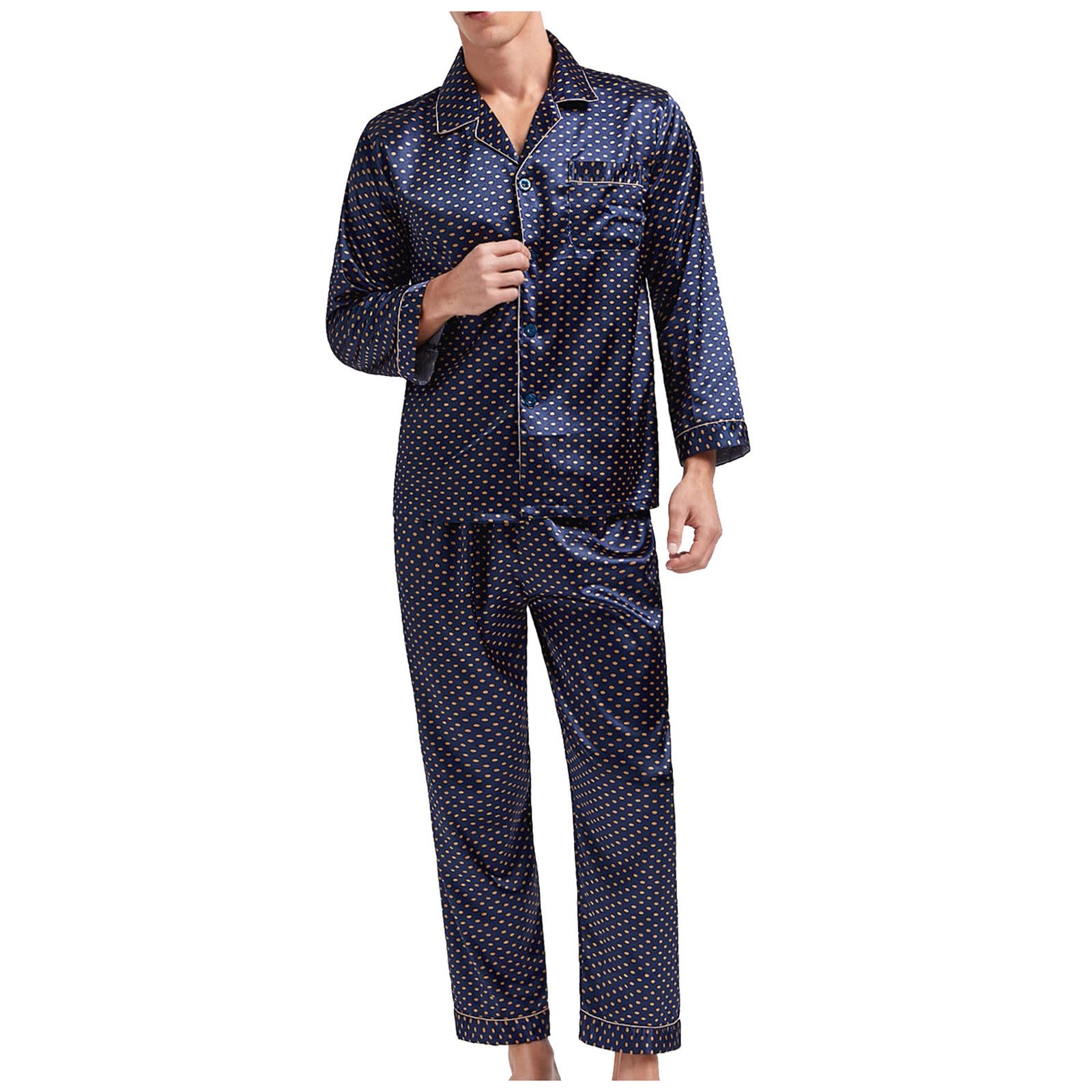 HAOLEI 2024 Pijama Hombre Invierno,Conjunto de Pijama Hombre de Seda Saté Conjunto de Camisa Manga Larga con Bolsillo y Pantalones Largos Traje de Lunares Suaves y Cómodo Pijama Hombre Ropa Casa