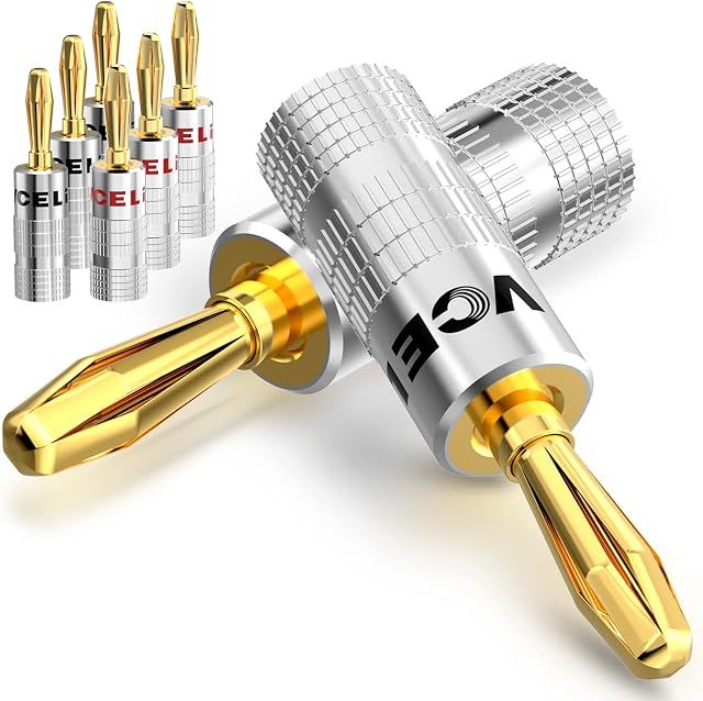 VCELINK Banana Plugs 4 Pairs/8 PCS, Gold Plated 4mm Speaker Connectors for Speaker Wire, Sockets, Amplifier, Dual-Screw Type in Red & Black