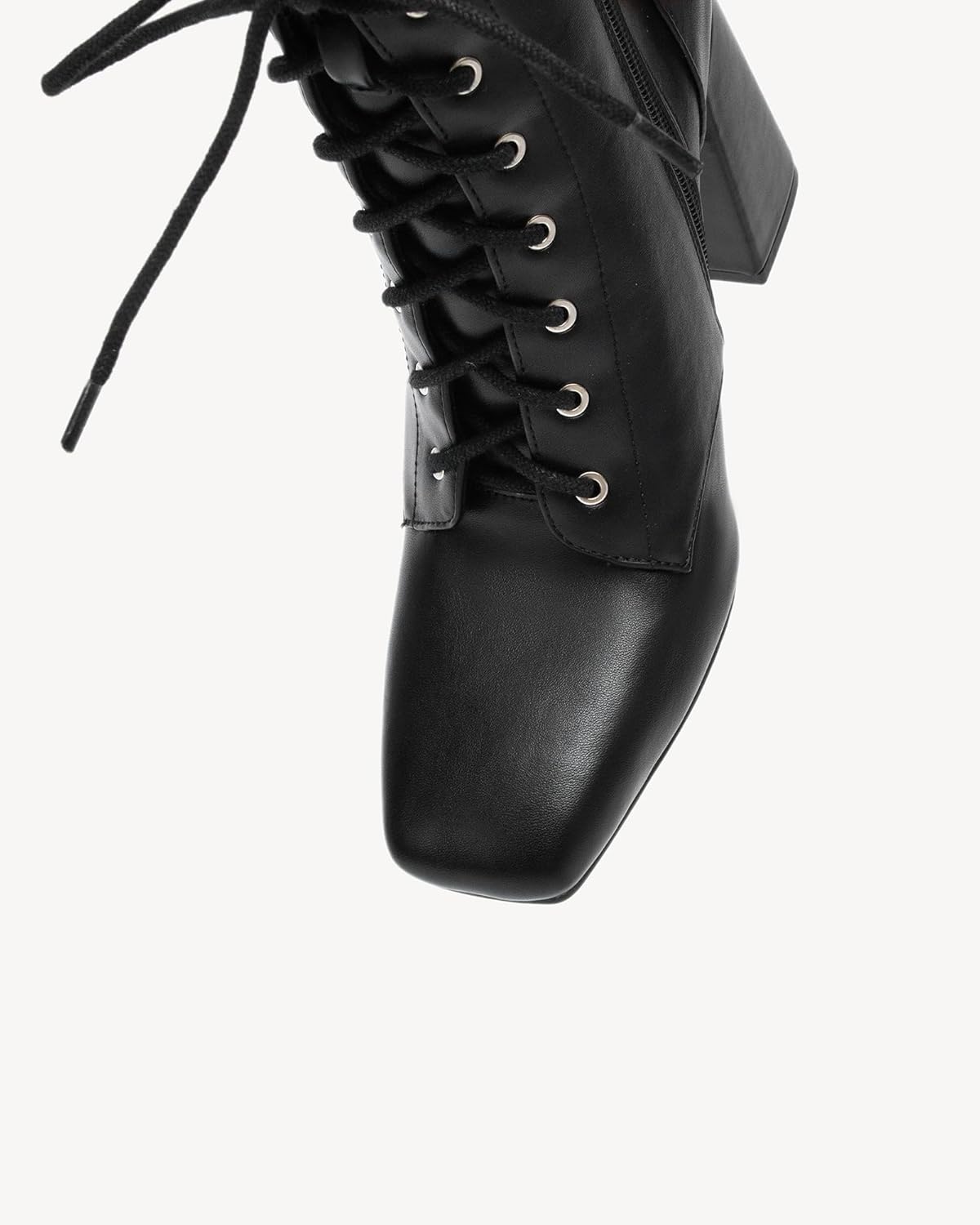 NEWBELLA Women's Square Toe Ankle Boots - Lace-Up Block Heel Booties with Side Zip, Minimalist Casual Faux Leather Boots for Daily Wear