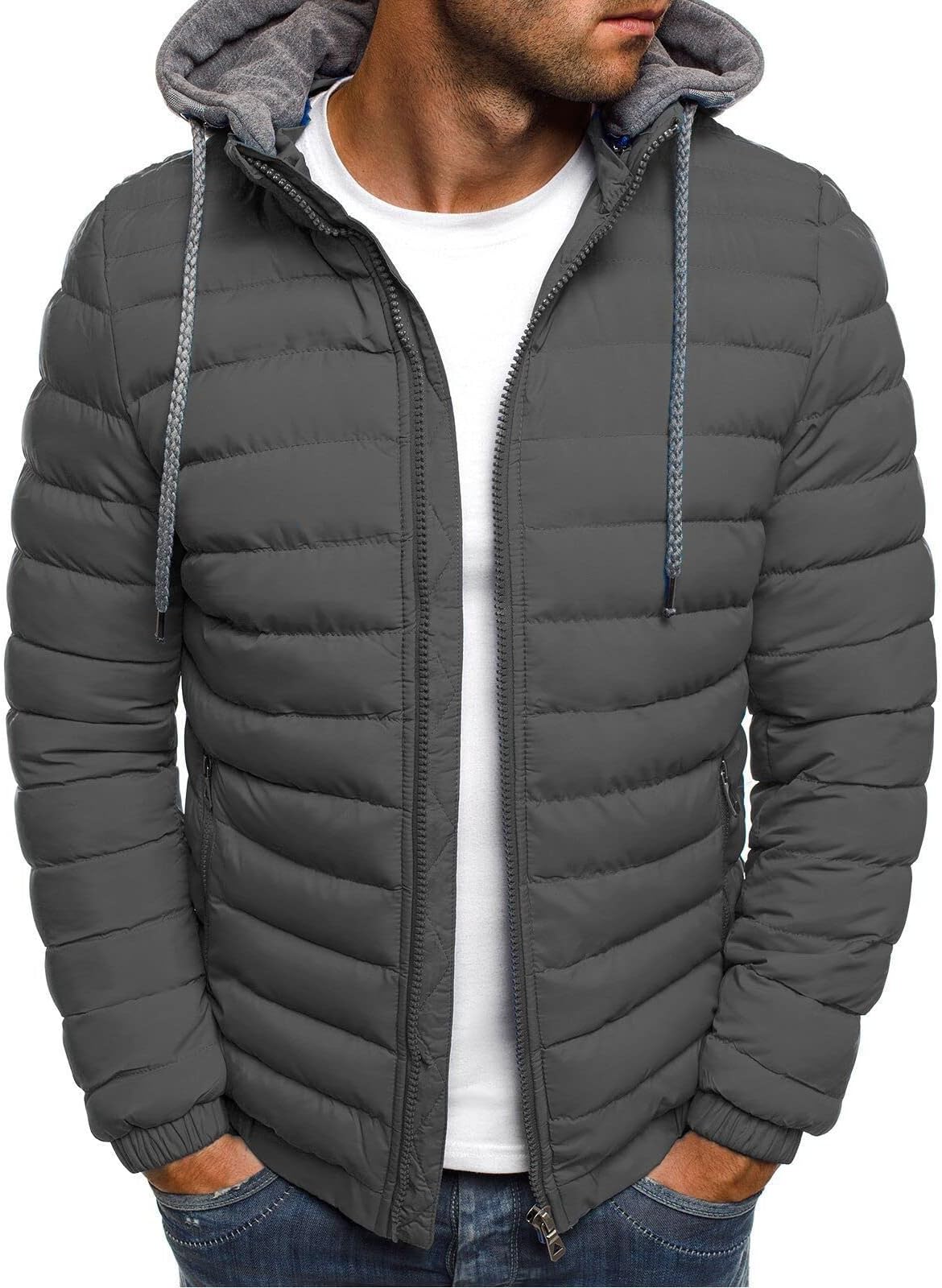Mens Winter Fall Coat,Packable Warm Cozy Puffer Jacket Zipper Closure Lightweight Outerwear With Removable Hood