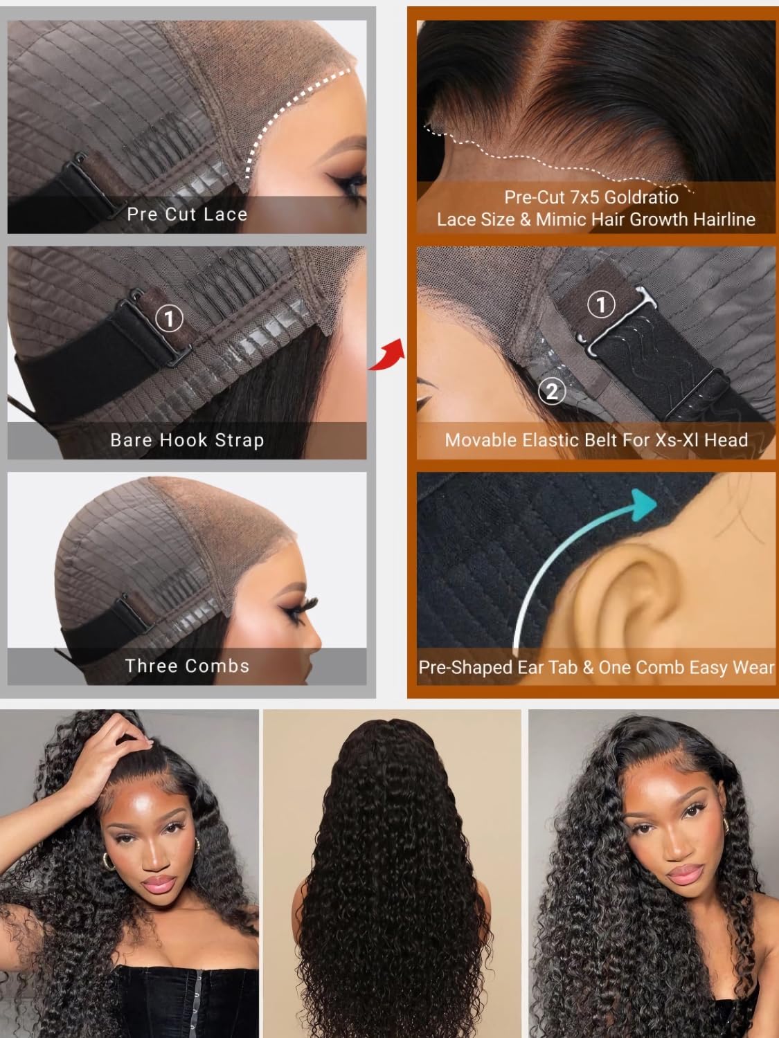 Julia Hair Water Wave 7x5 Bye Bye Knots Glueless Wig with Baby Hair HD Lace Pre Everything with Drawstring Wigs Human Hair Pre Plucked Pre Cut Bleached Knots Put on and Go Natural Hairline 16 Inch