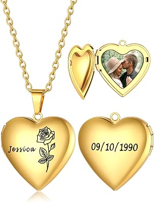 Custom4U Personalized Heart/Round Birth Flower Locket Necklace that Holds Pictures for Women Stainless Steel Photo Locket Engraved Name Pendant Necklace Birthday Jewelry Gift for Mom WifeGift Box