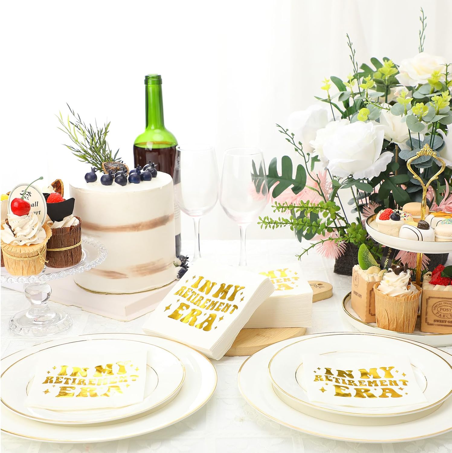 100 PCS Retirement Napkins - 2-Ply Paper, Yellow with Gold Design - 9.84 x 9.84 inches - Perfect for Retirement Parties