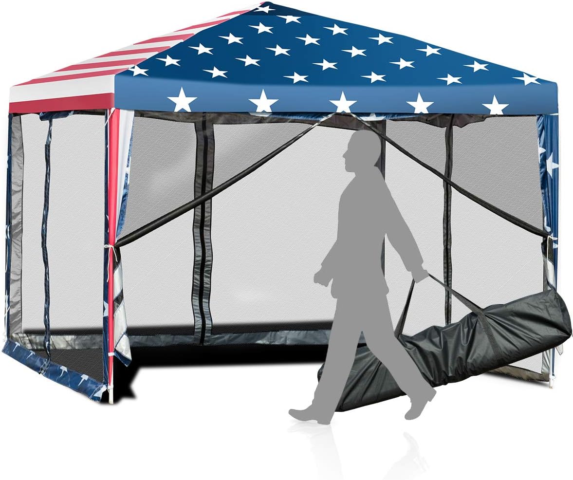 Tangkula 10x10 ft Pop-Up Canopy Tent, Outdoor Canopy Tent with Carry Bag, Waterproof Screen House Room Tent with Netting for Camping, Backyard, Wedding, American Flag Printing