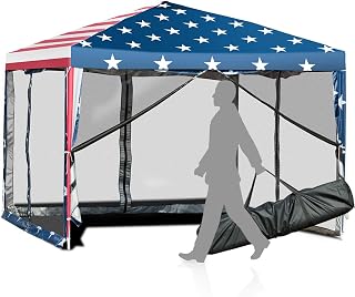 Tangkula 10x10 ft Pop-Up Canopy Tent, Outdoor Canopy Tent with Carry Bag, Waterproof Screen House Room Tent with Netting for Camping, Backyard, Wedding, American Flag Printing