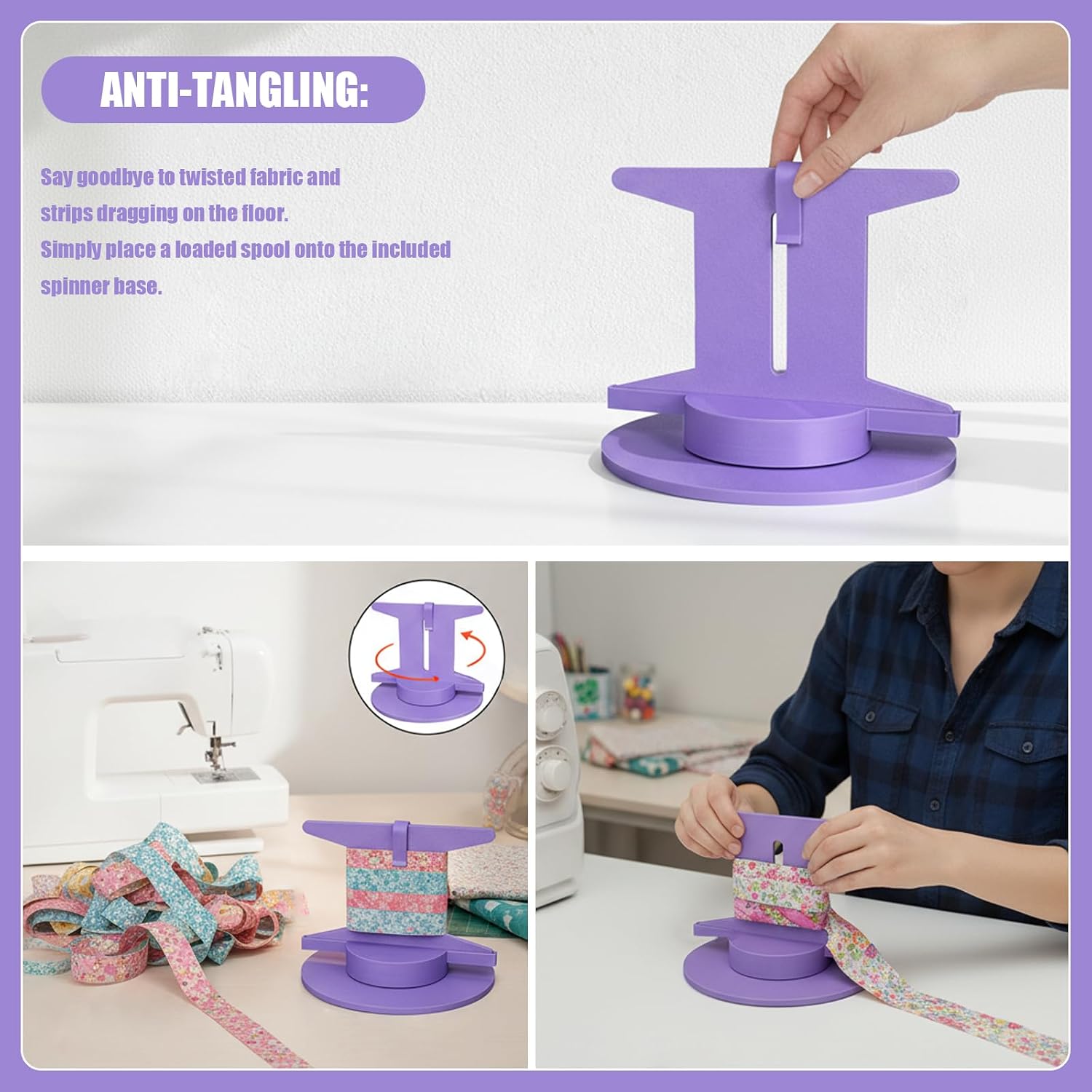 Quilt Binding Spool Kit – 4-Piece Tangle-Free Fabric Strip Organizer for Sewing & Quilting, Quilt Binding Tool with Storage Base & Spinner