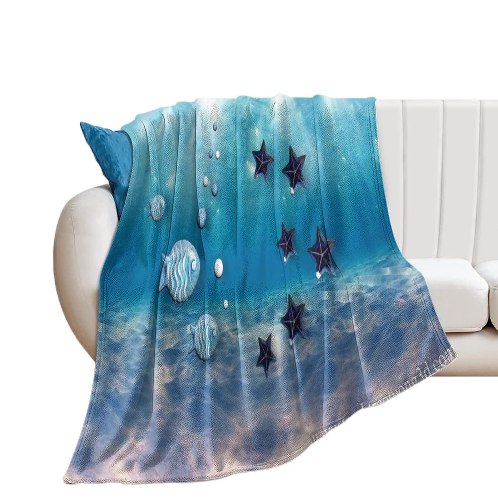Couverture coquillage et étoile de mer en flanelle de canapé 177x203cm