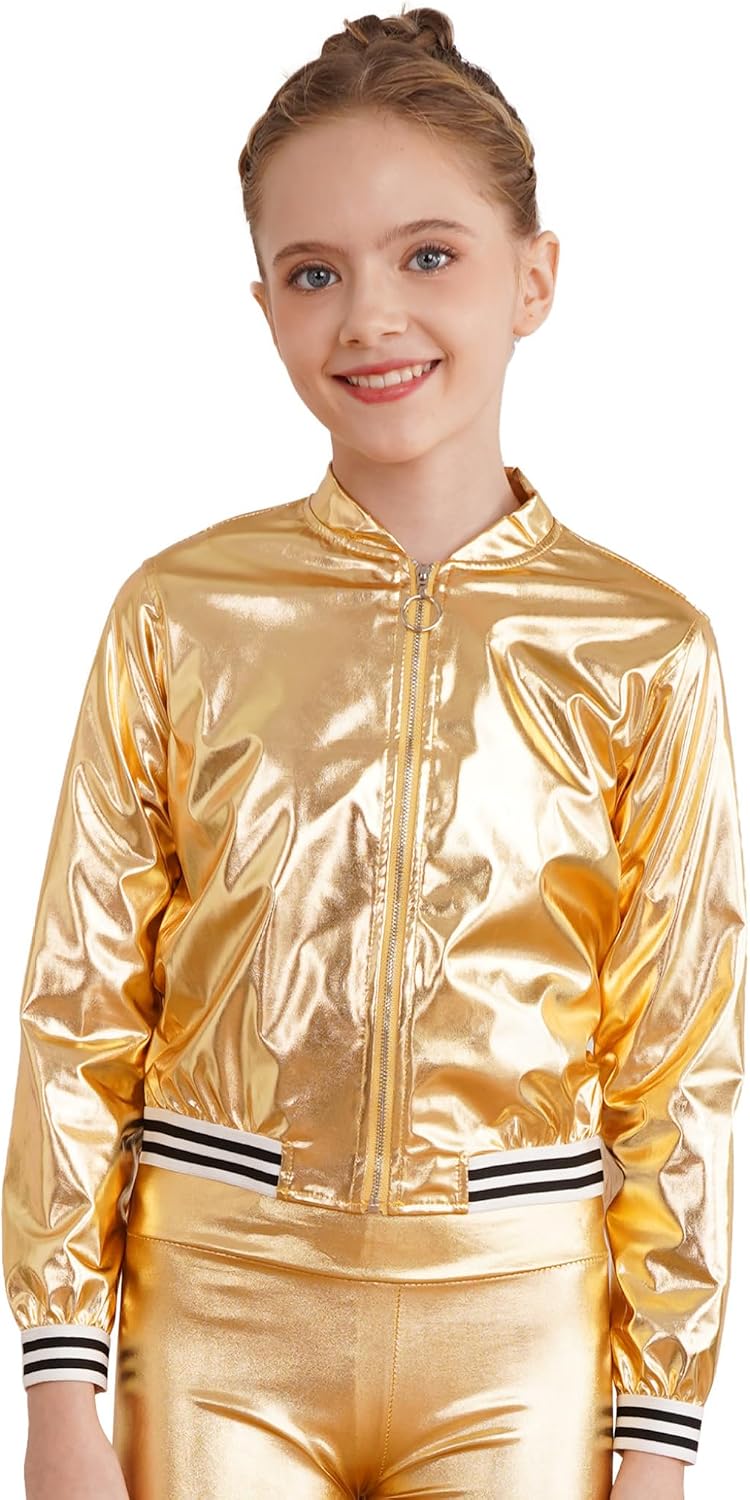 Boys Girls 2 Piece Modern Hip Hop Jazz Dance Outfit Metallic Long Sleeve Jacket and Pants Set Tracksuit