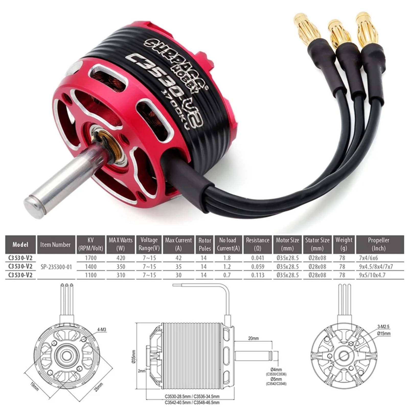 C3530 V2 1100KV Outrunner Brushless Albero motore ø4MM per RC Aereo Aereo Ala Fissa RC Drone