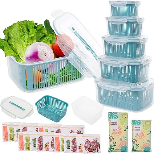 LMHEJING 5 paquetes de contenedores para nevera con 40 bolsas de almacenamiento de alimentos contenedores de almacenamiento de frutas para nevera