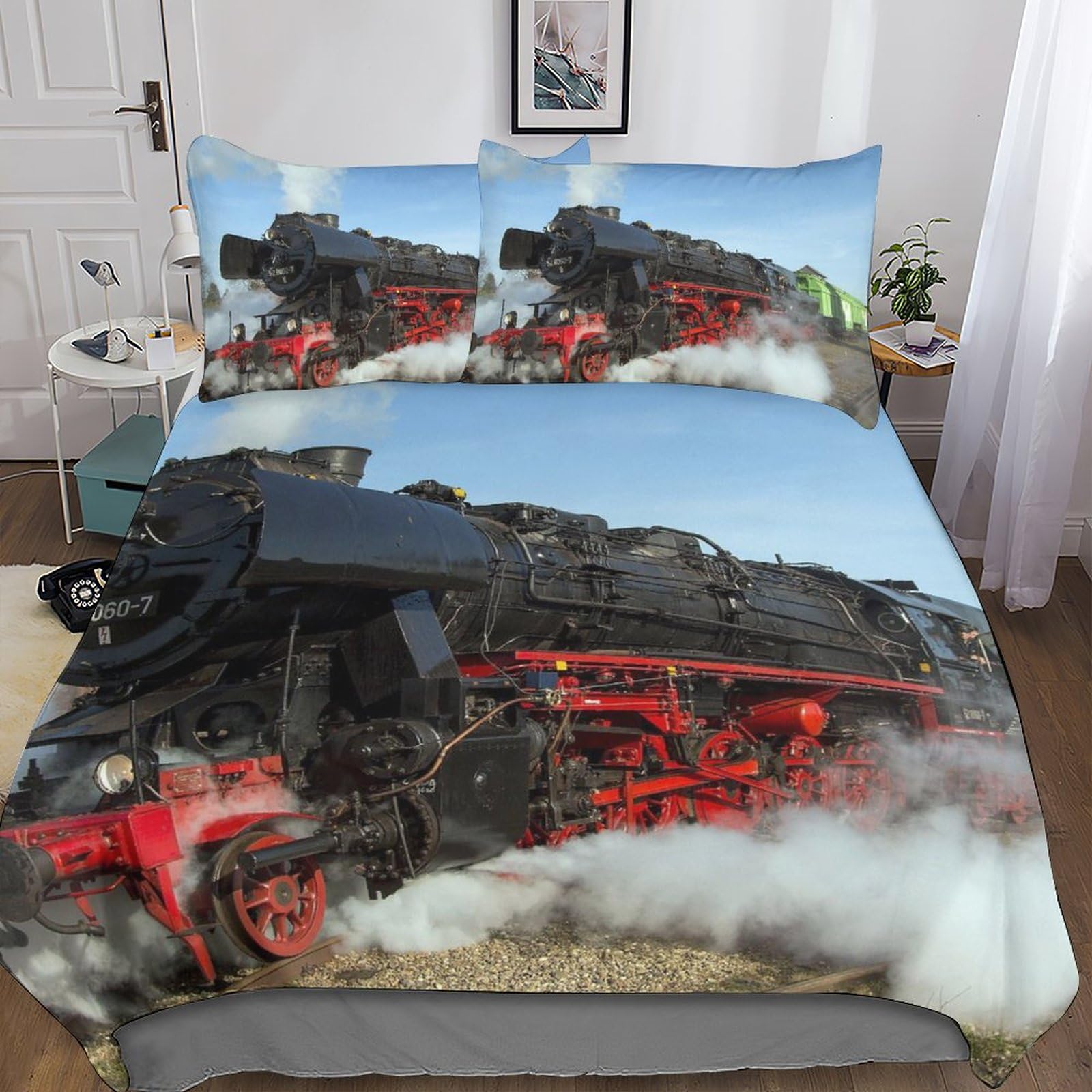 Parure de lit train à vapeur vintage pour décorer la chambre d'un adolescent passionné