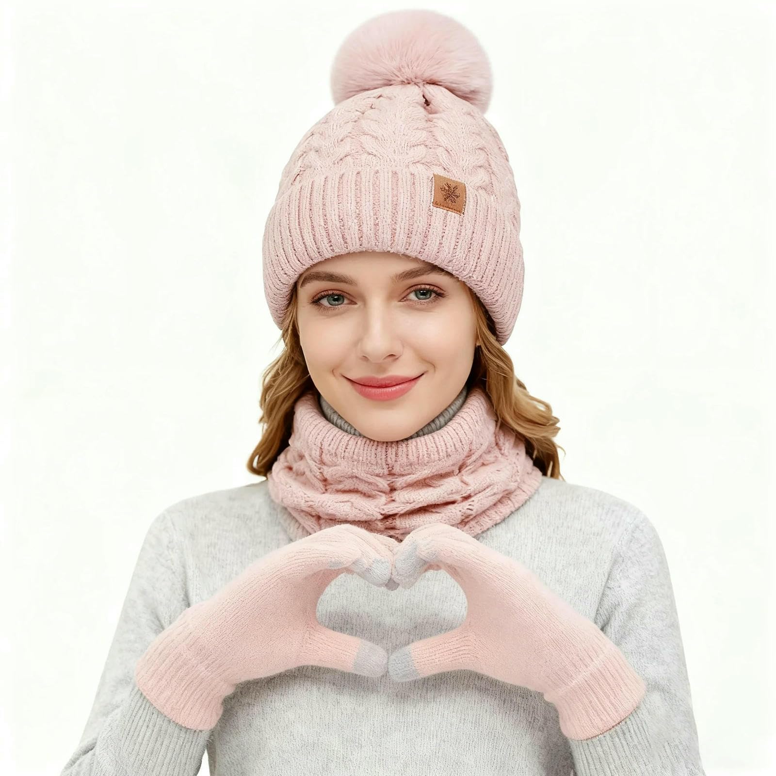 Mütze,Schal & Handschuh-Sets 3-teiliges Damen-winterset – Strickmütze, Touchscreen-Handschuhe Und Umwandelbarer Halskettenschal, Bestehend Aus Wintermütze, Schal Handschuhen -schwarz-3 Stück