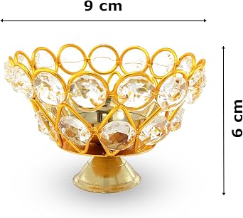 Gold Crystal Diya with Blue Velvet Gift Box Home Decoration Chrystal Piyali Dia Pooja Items Puja Gifts Handmade Oil Lamp Traditional Indian Dhanteras Deepawali Diwali Gift Items