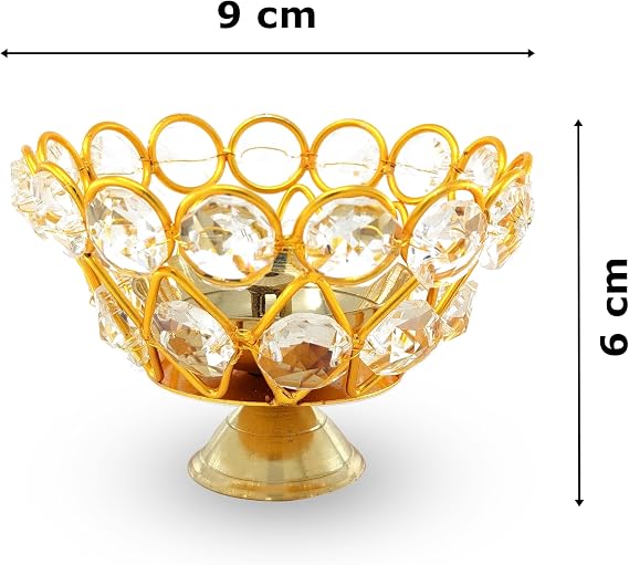 Gold Crystal Diya with Blue Velvet Gift Box Home Decoration Chrystal Piyali Dia Pooja Items Puja Gifts Handmade Oil Lamp Traditional Indian Dhanteras Deepawali Diwali Gift Items
