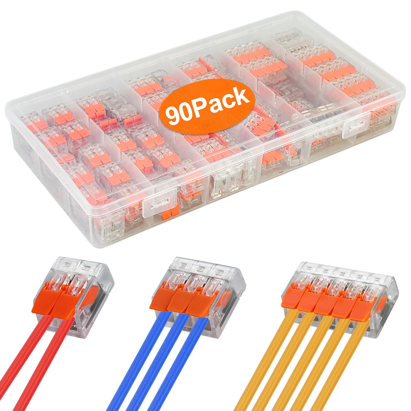 ZBXSNK 90Pcs Lever Nut Wire Connectors, 2/3/5-Port Compact Cable Connectors, Flame Retardant PA/PC Material Electrical Wire Connectors Terminal Blocks, Splicing Connectors for Circuit Inline