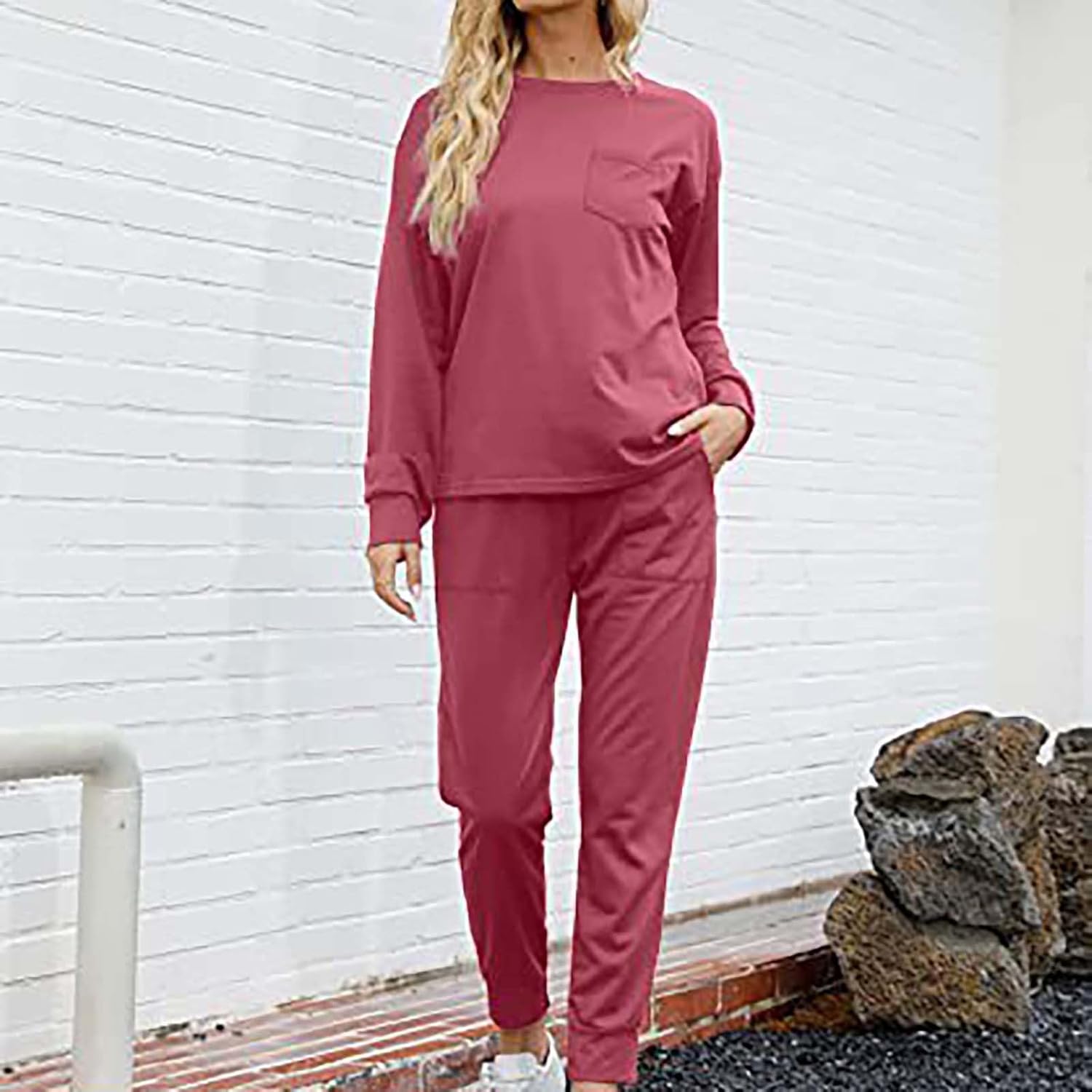 2 Pack Womens Pajama Sets Long Sleeve Cotton Lounge Sets Soft Pj Crew Neck Sleepwear and Drawstring Pockets Jogger