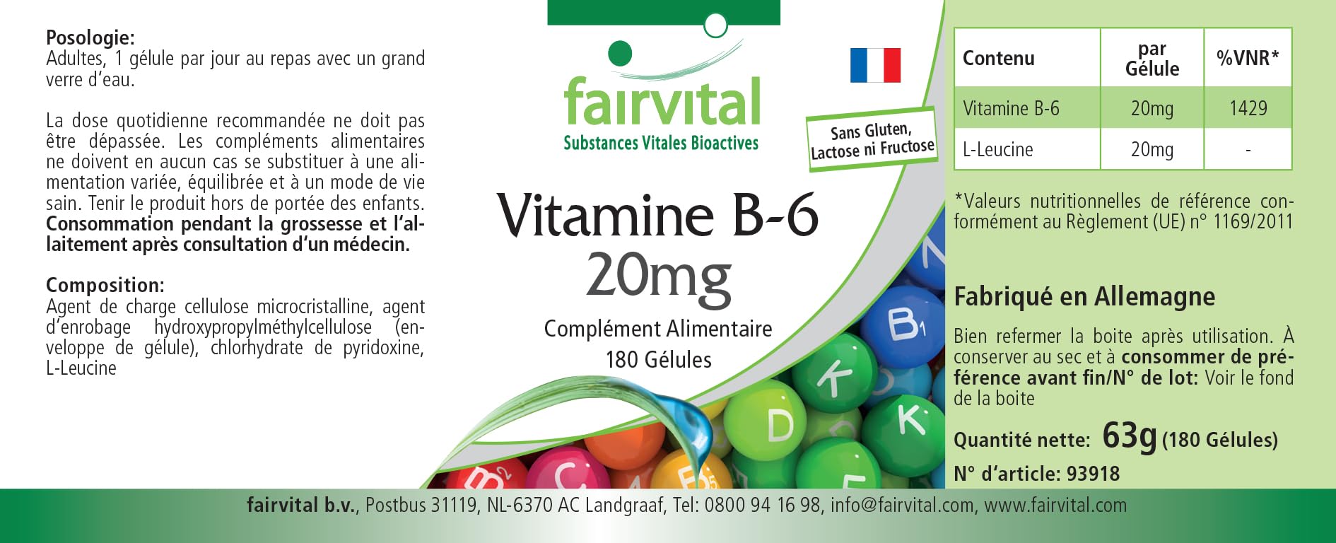 fairvital Vitamine B6 20mg, 180 gélules, HAUTEMENT DOSÉE, chlorhydrate de pyridoxine, VÉGÉTALIENNE